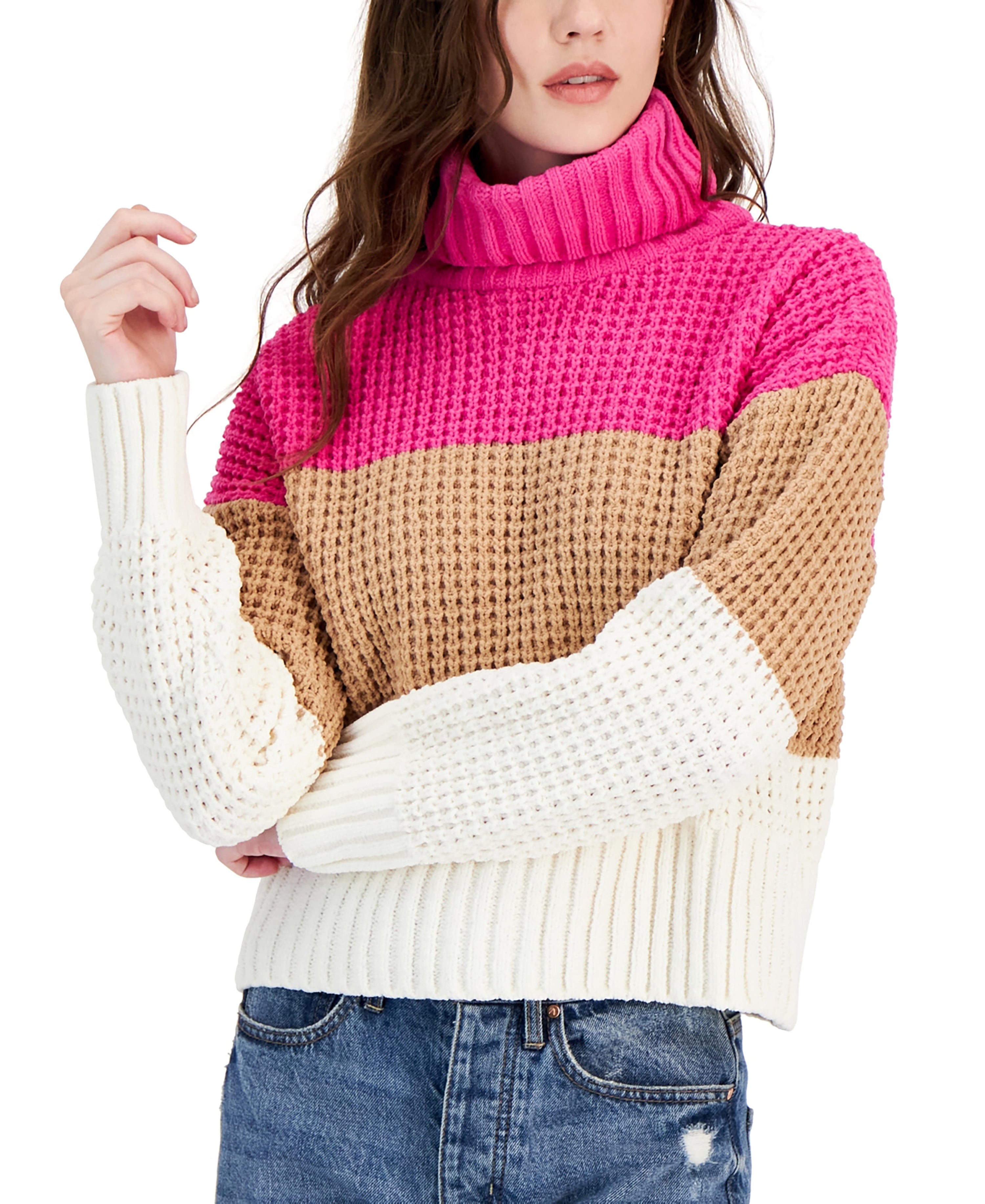 Juniors' Chenille Colorblocked Turtleneck Sweater