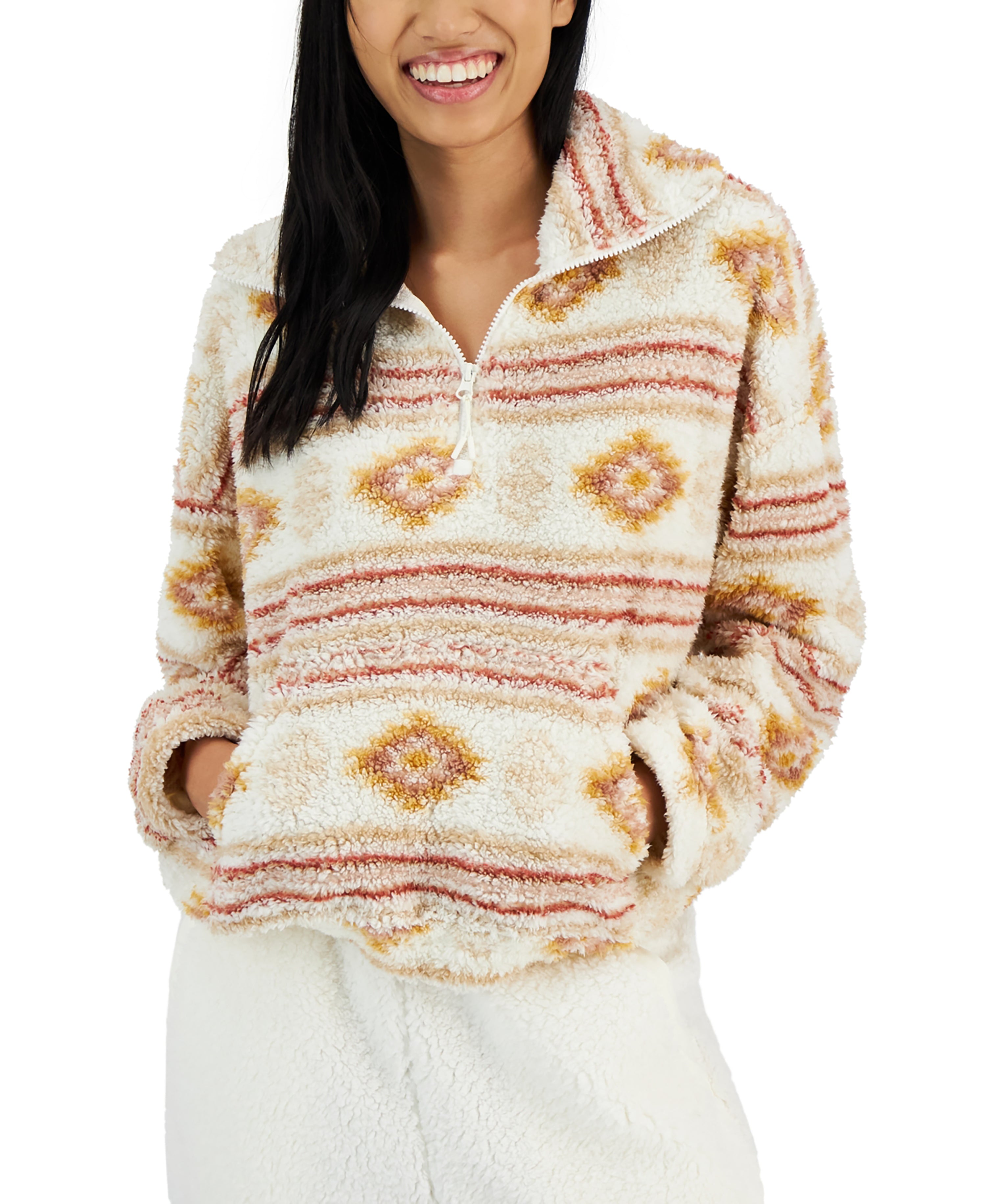 Juniors' Extended Quarter-Zip Long-Sleeve Sherpa Sweatshirt