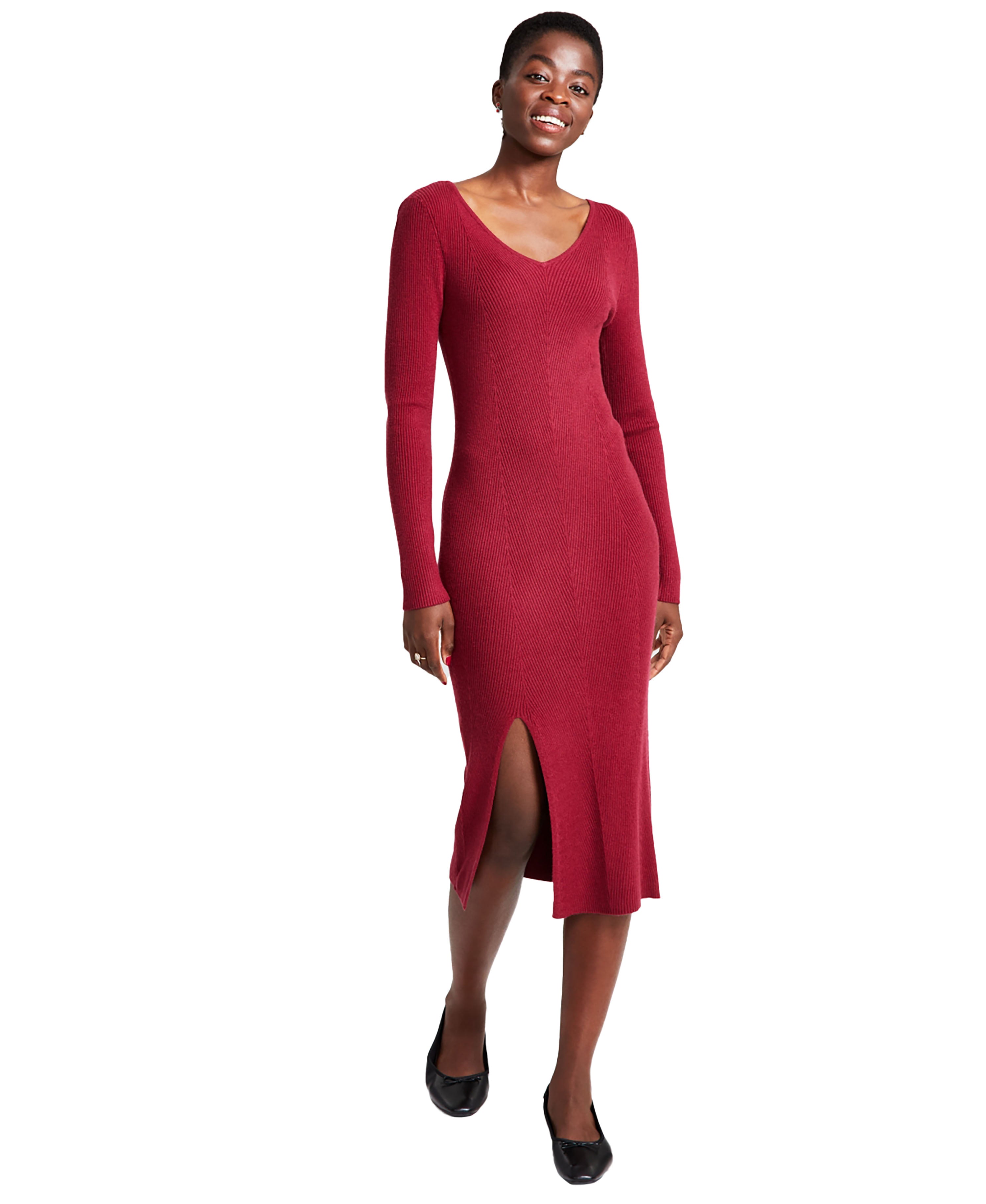 Women's V-Neck Midi Sweater Dress Clay Red L