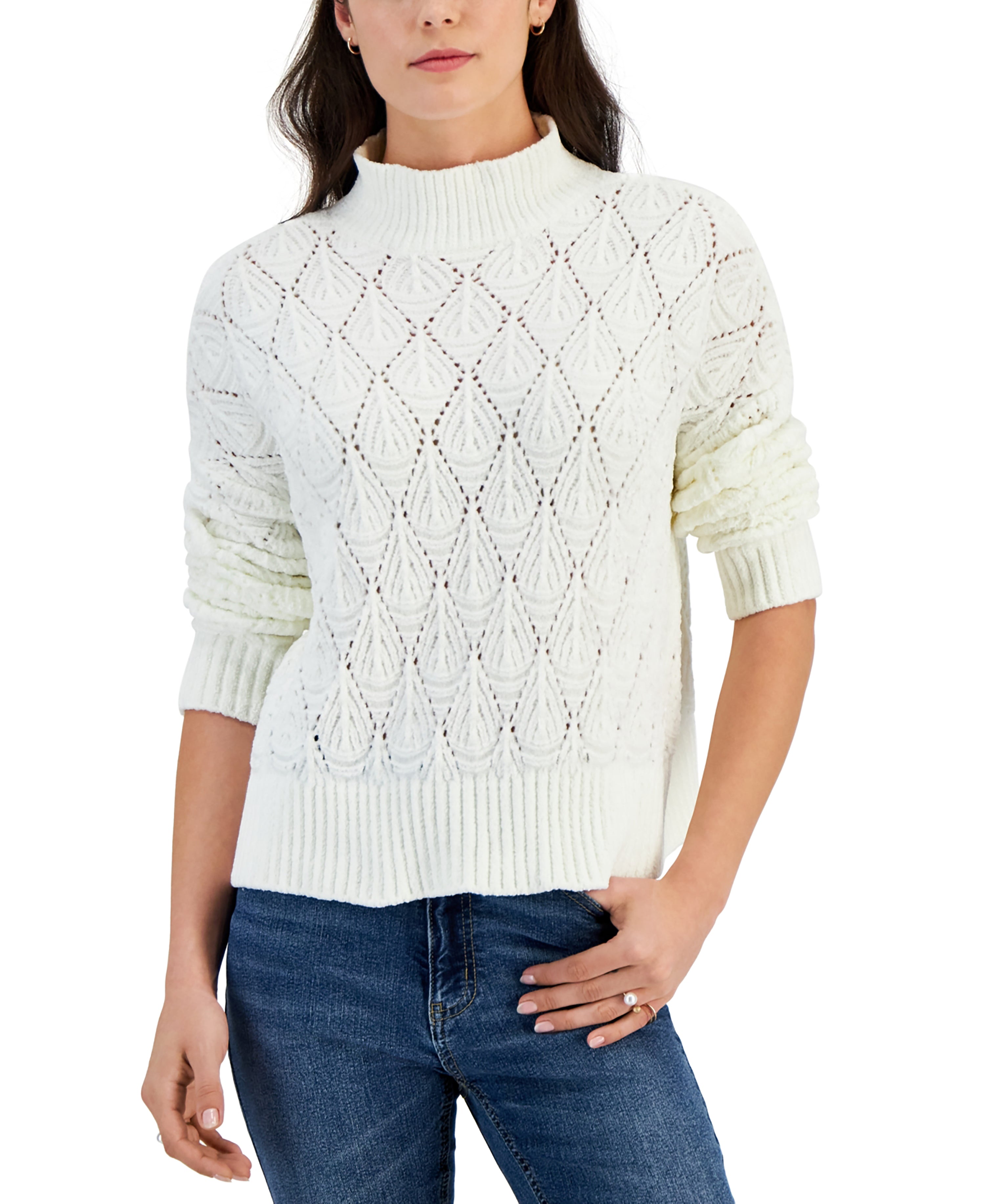 Juniors' Mock-Neck Chenille Pointelle Sweater