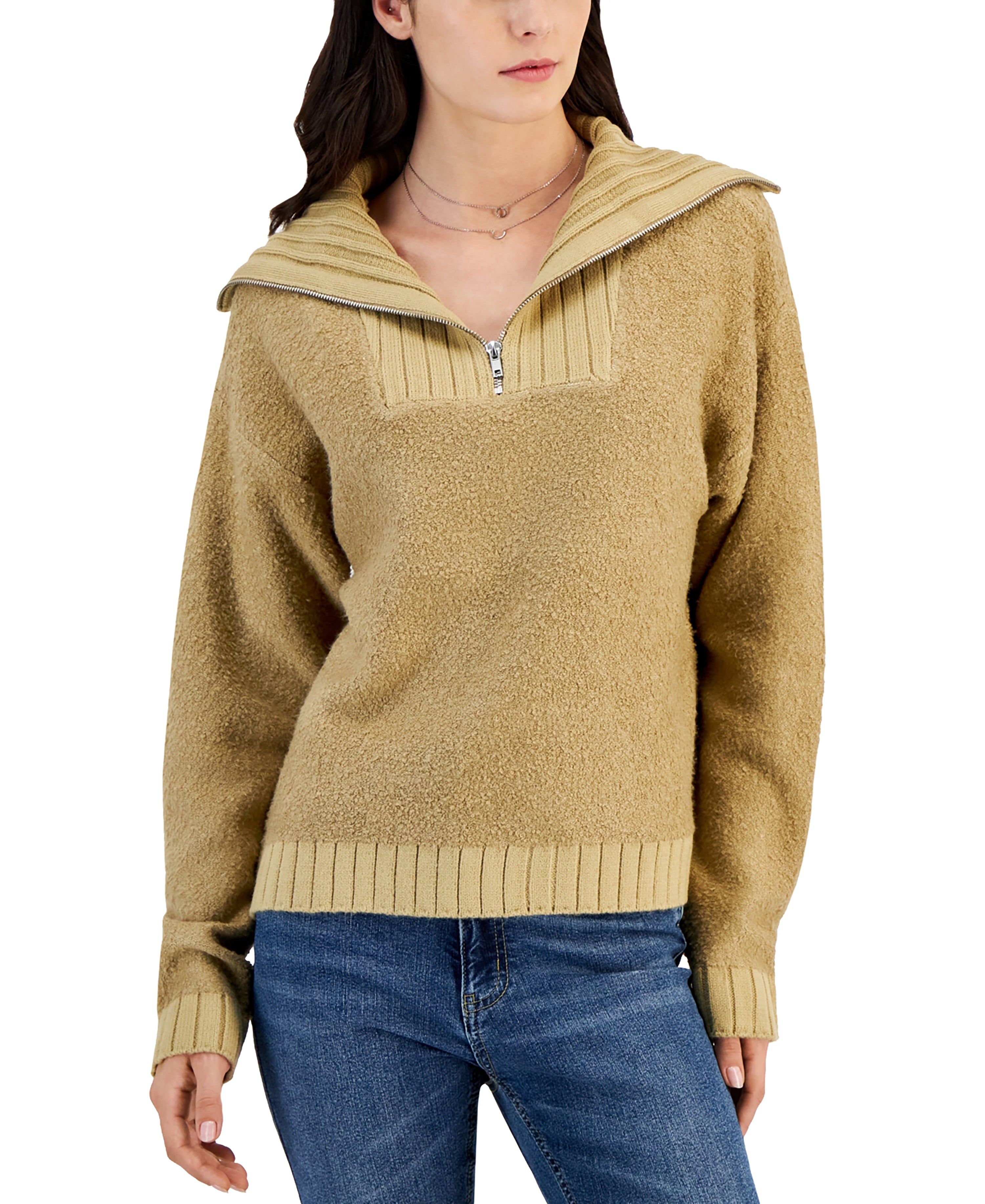 Juniors' Quarter-Zip Long-Sleeve Boucl� Sweater