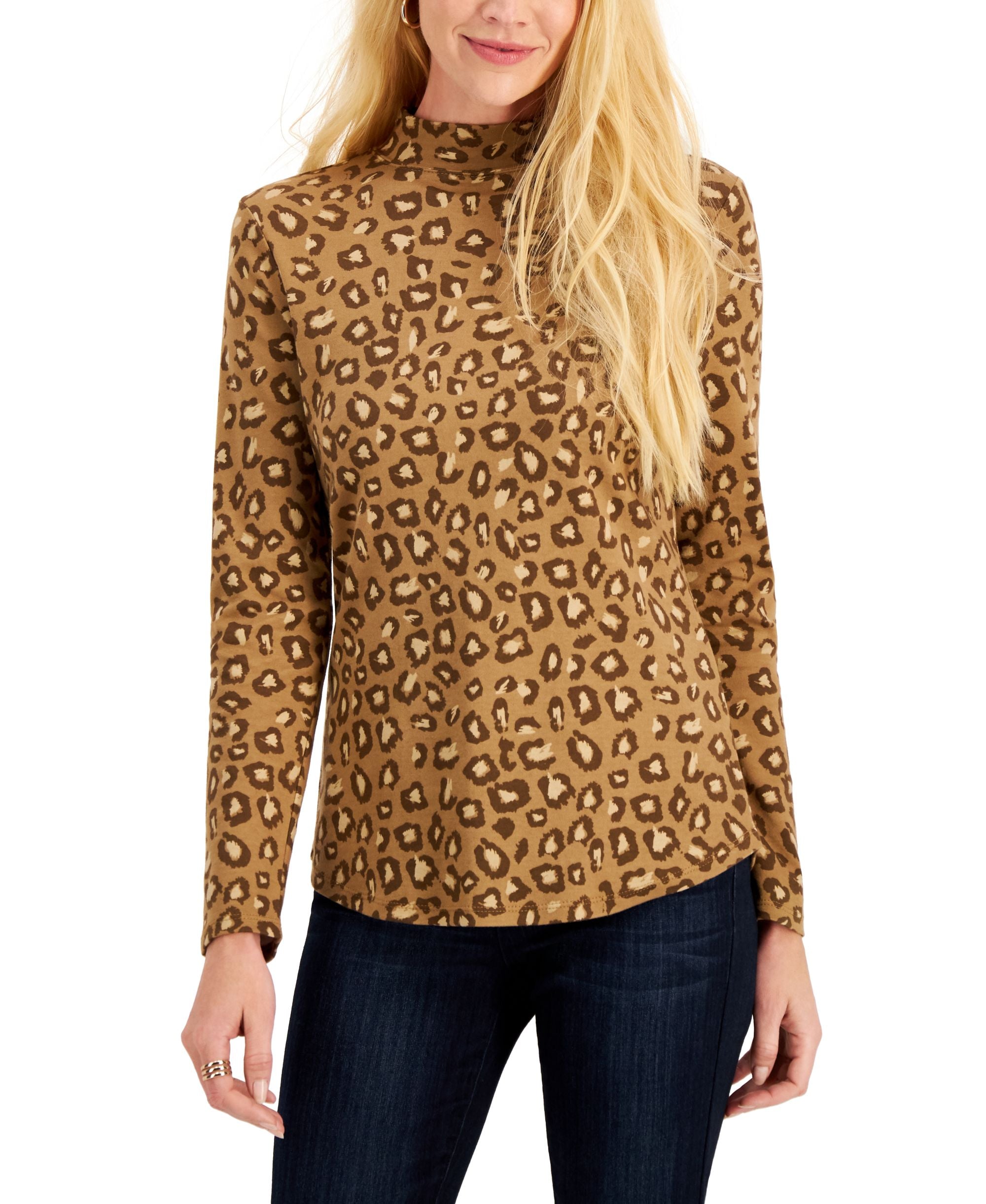 Cotton Animal-Print Mock-Neck Top