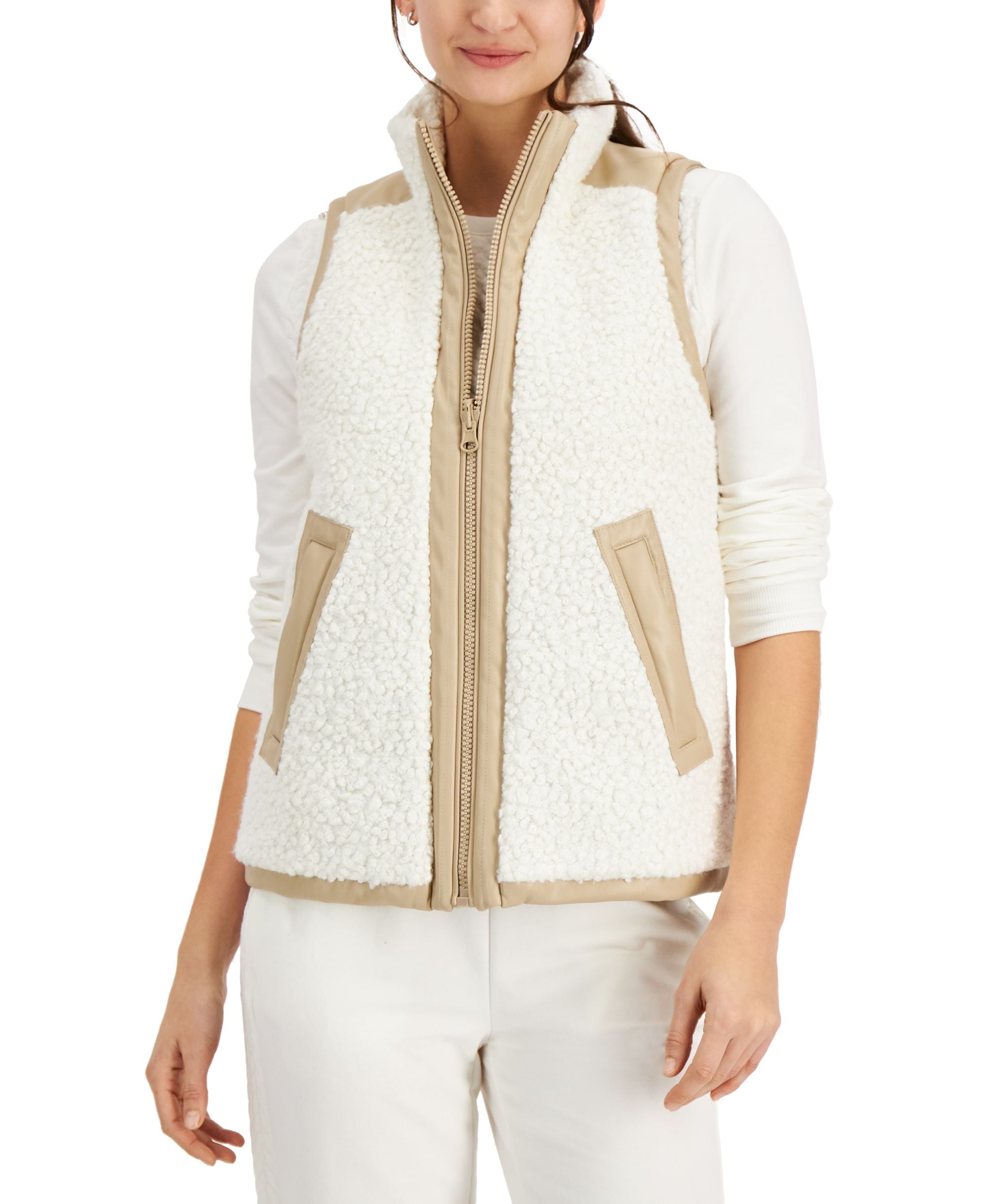 Charter Club Faux Leather Contrast Faux Sherpa Vest