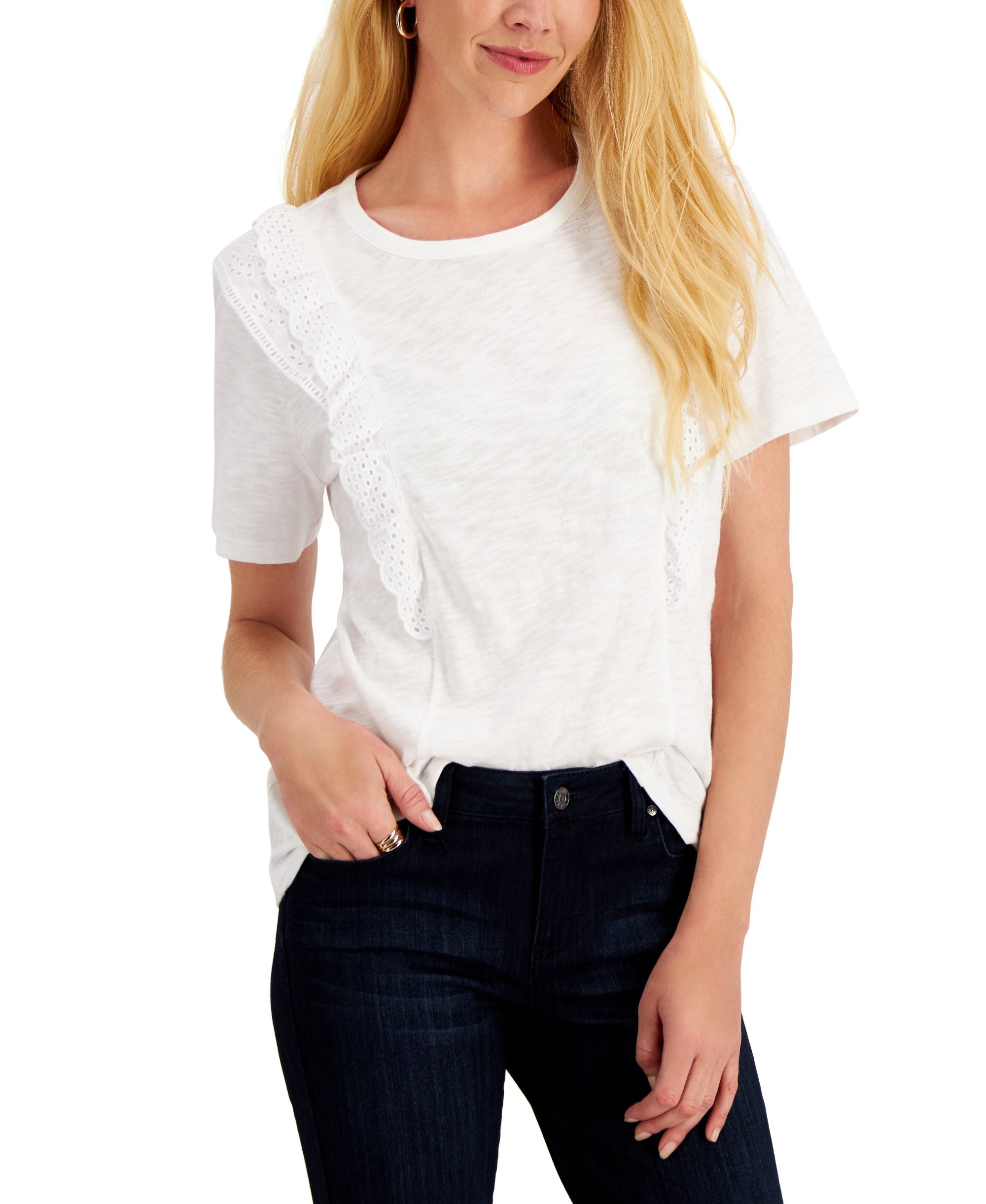 Cotton Ruffled Eyelet T-Shirt