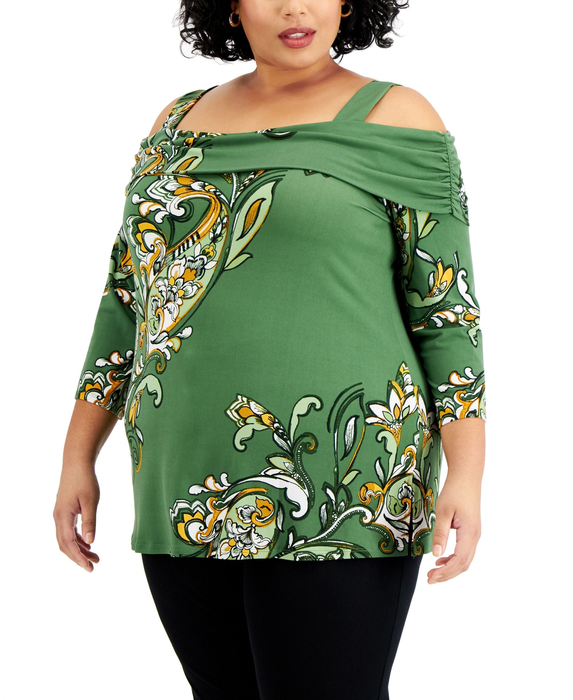 JM Collection Plus Size Printed Cold Shoulder Top