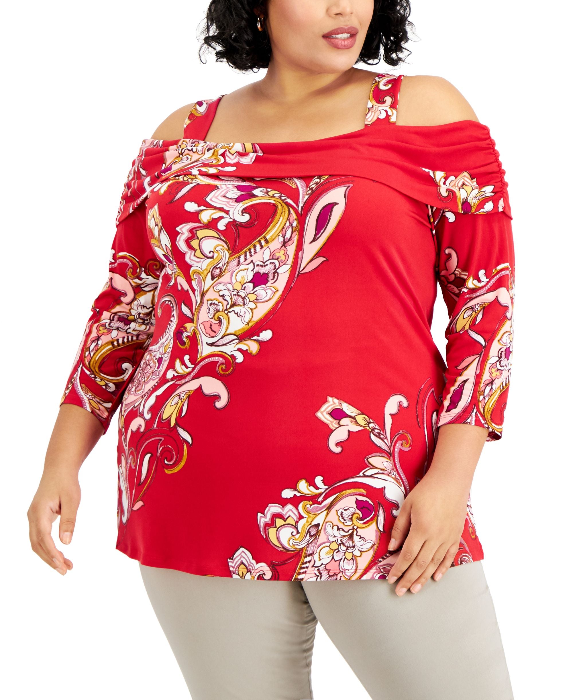 JM Collection Plus Size Printed Cold Shoulder Top