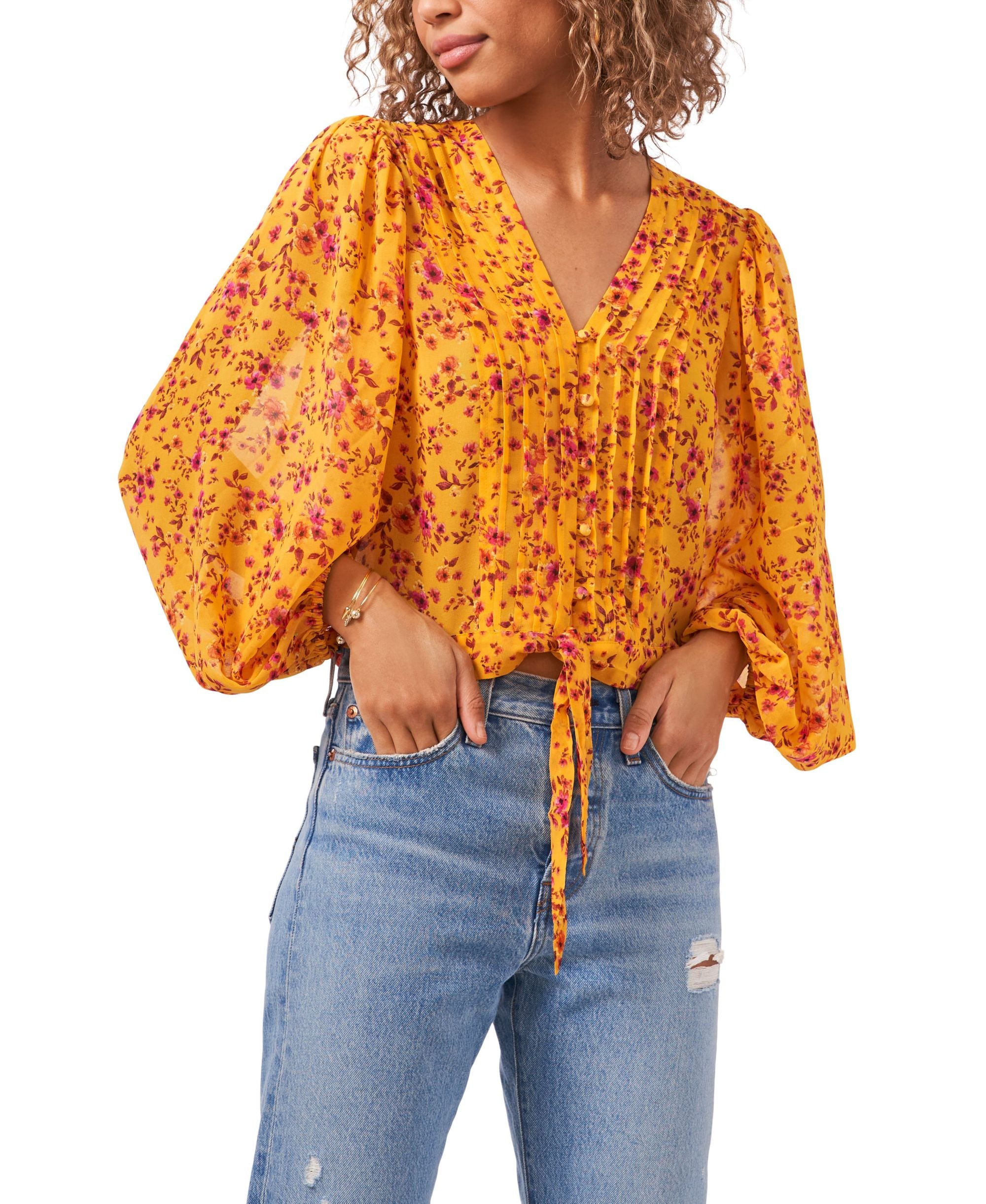 1.State Button Front Balloon Sleeve Pintucked Top