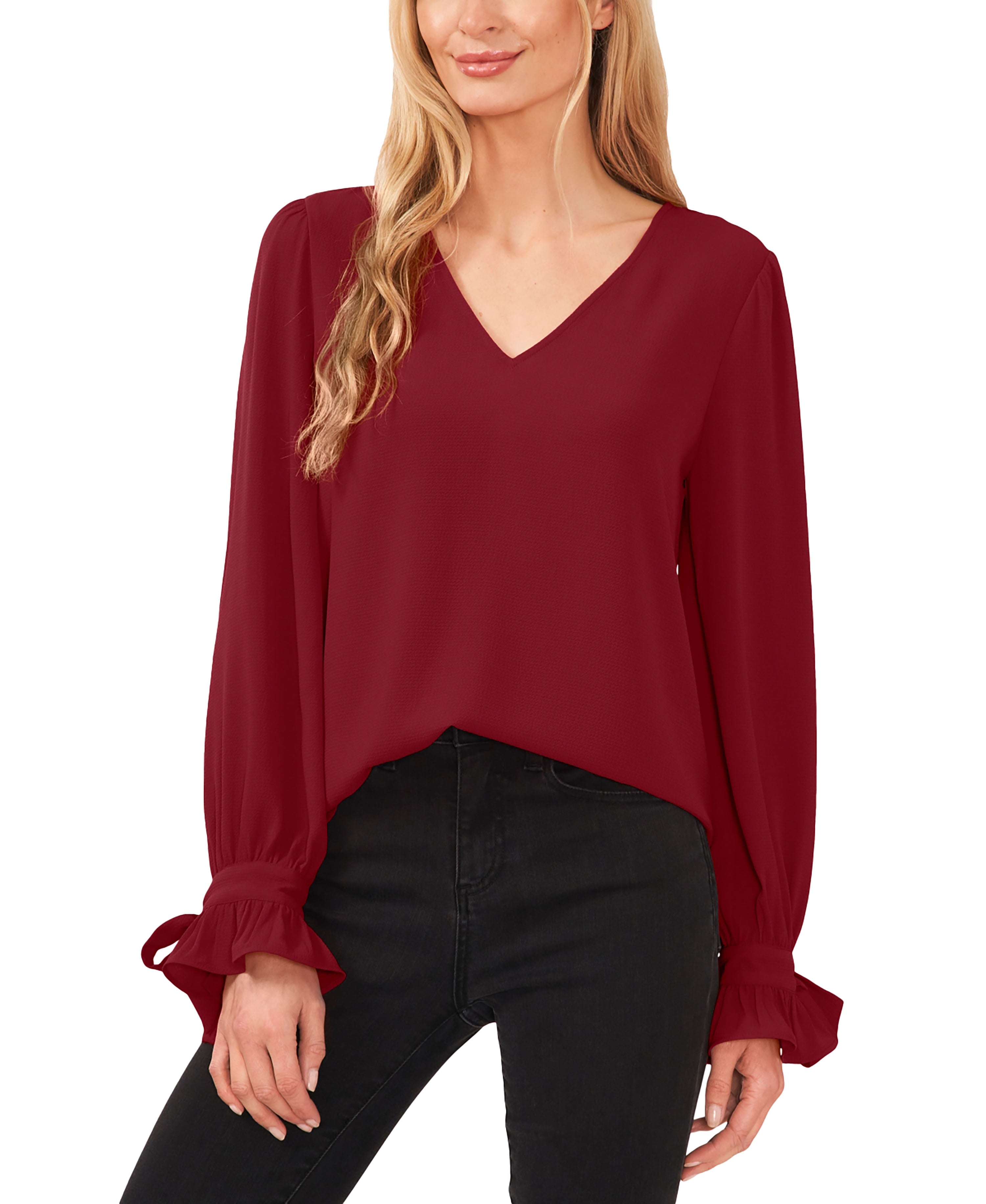 Women's Solid Long Sleeve V-Neck Tie Cuff Blouse