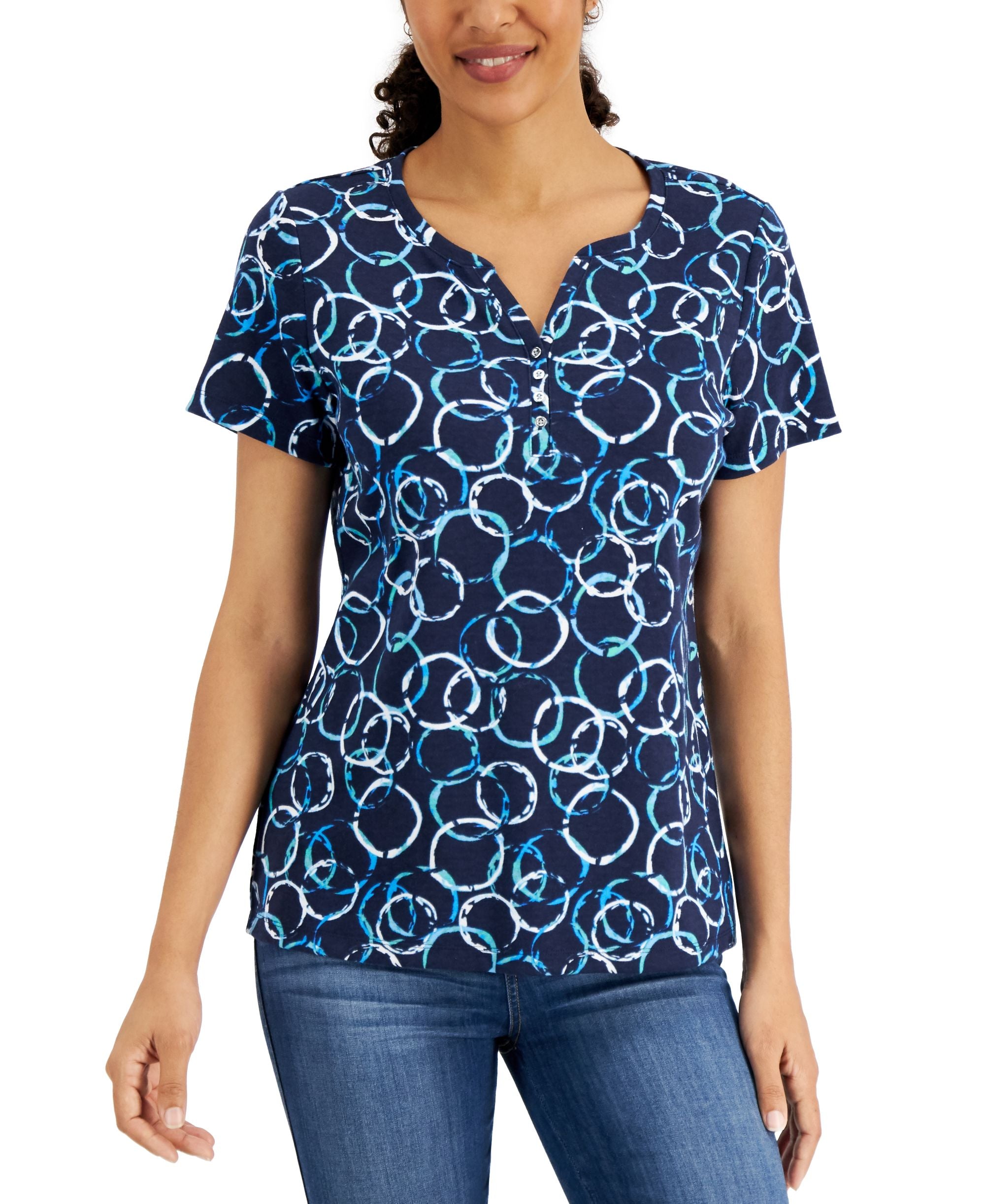 Printed Split-Neck Top
