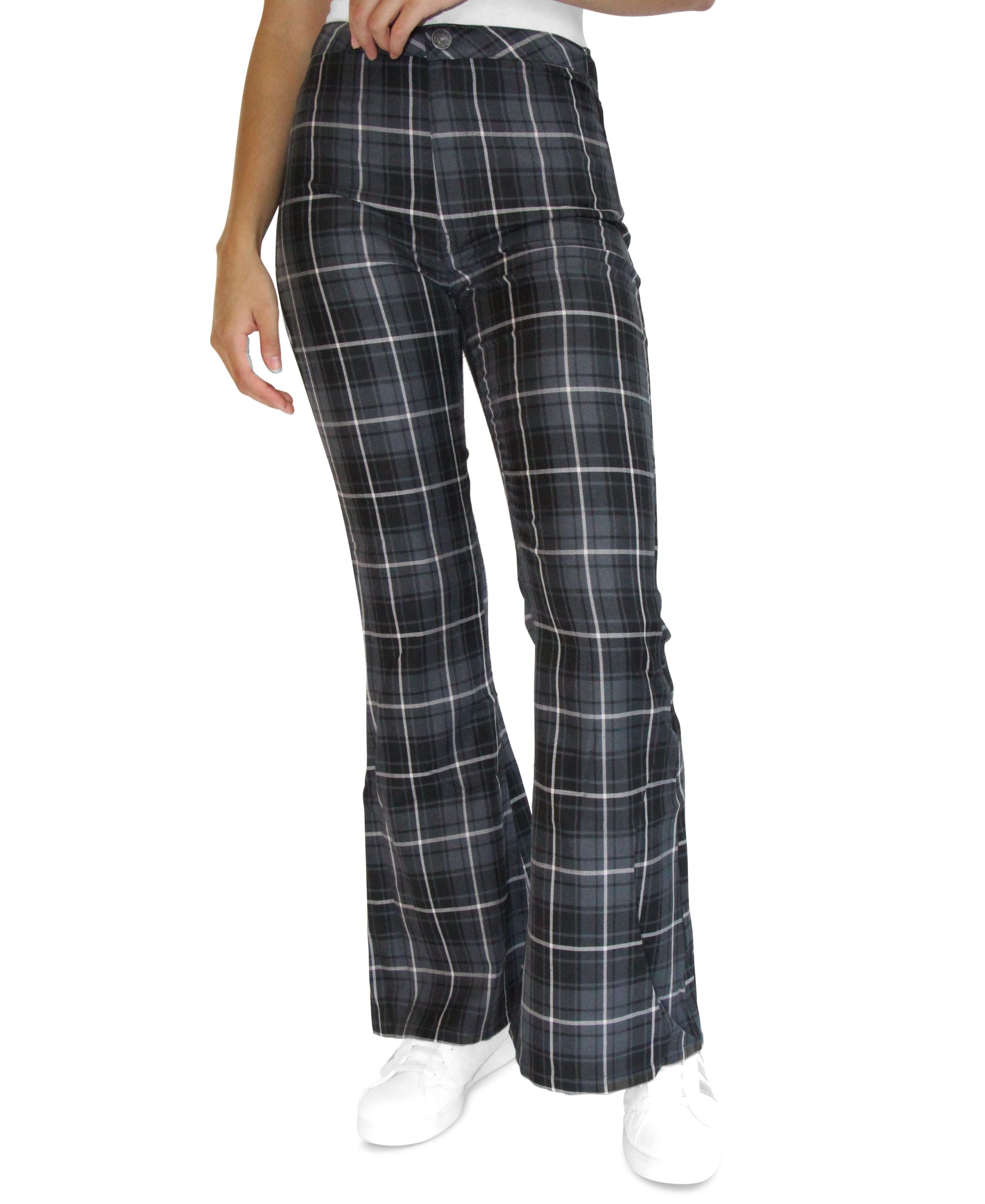 Juniors' High Rise Plaid Flare Jeans