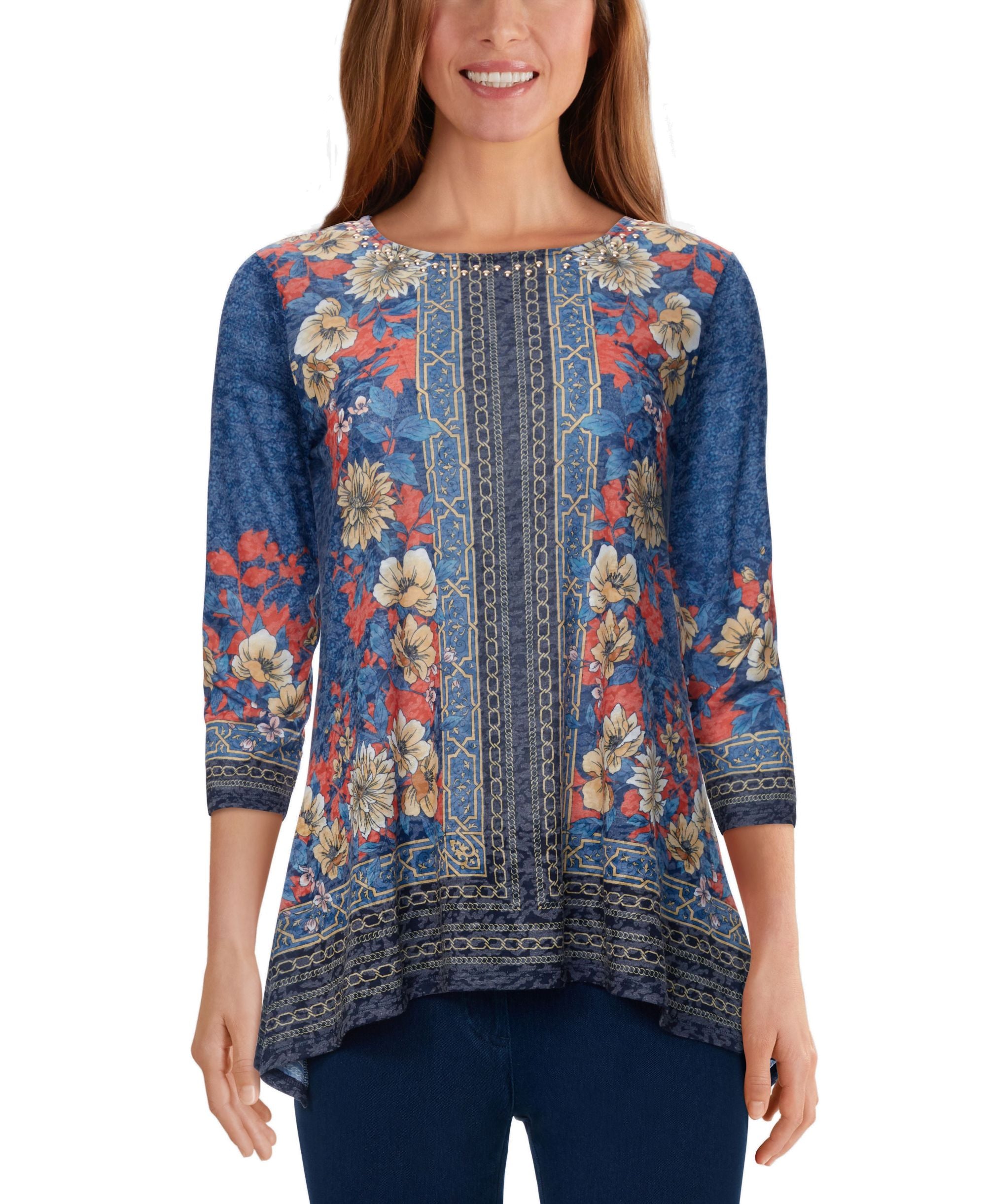 Ruby Rd. Womens Misses Embellished Floral Scarf Printed Handkerchief Top
