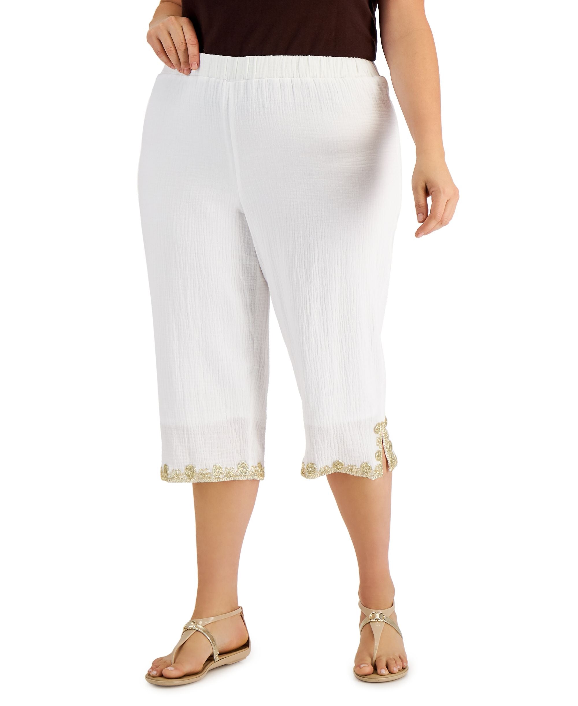 JM Collection Plus Size Solid Gauze Embroidered Cuff Capri Pants