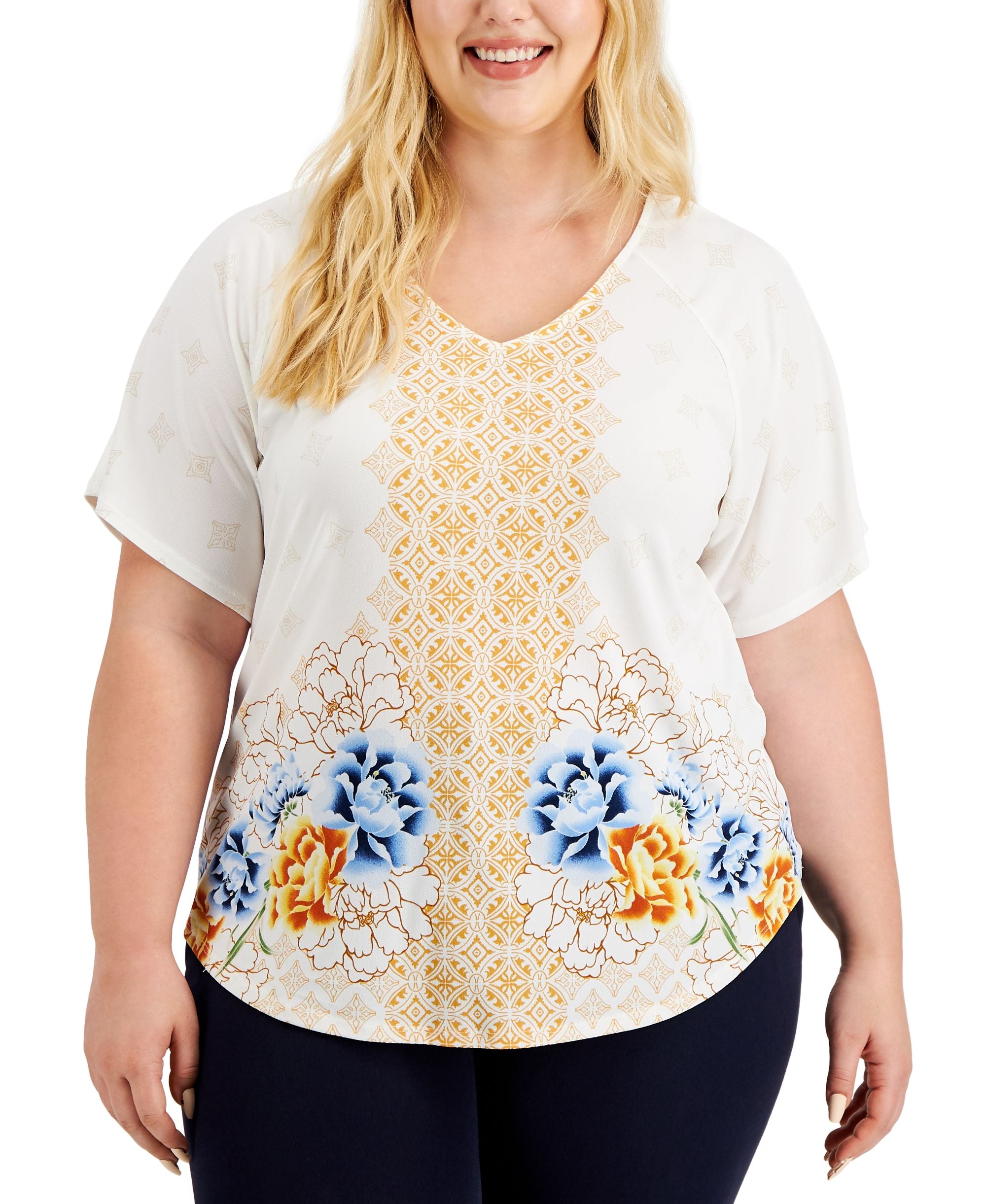 JM Collection Plus Size Mix Print Cold Shoulder Top