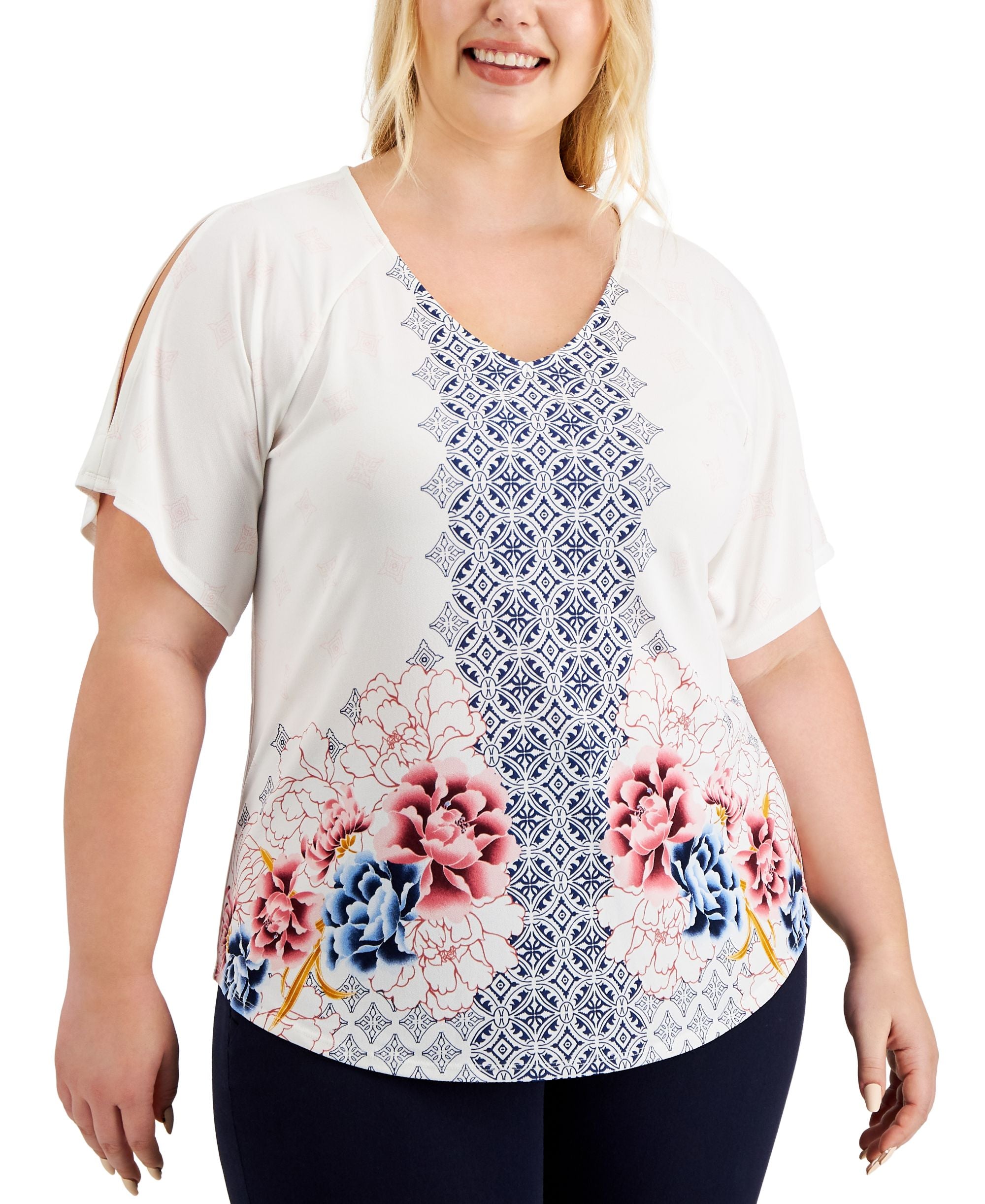 JM Collection Plus Size Mix Print Cold Shoulder Top