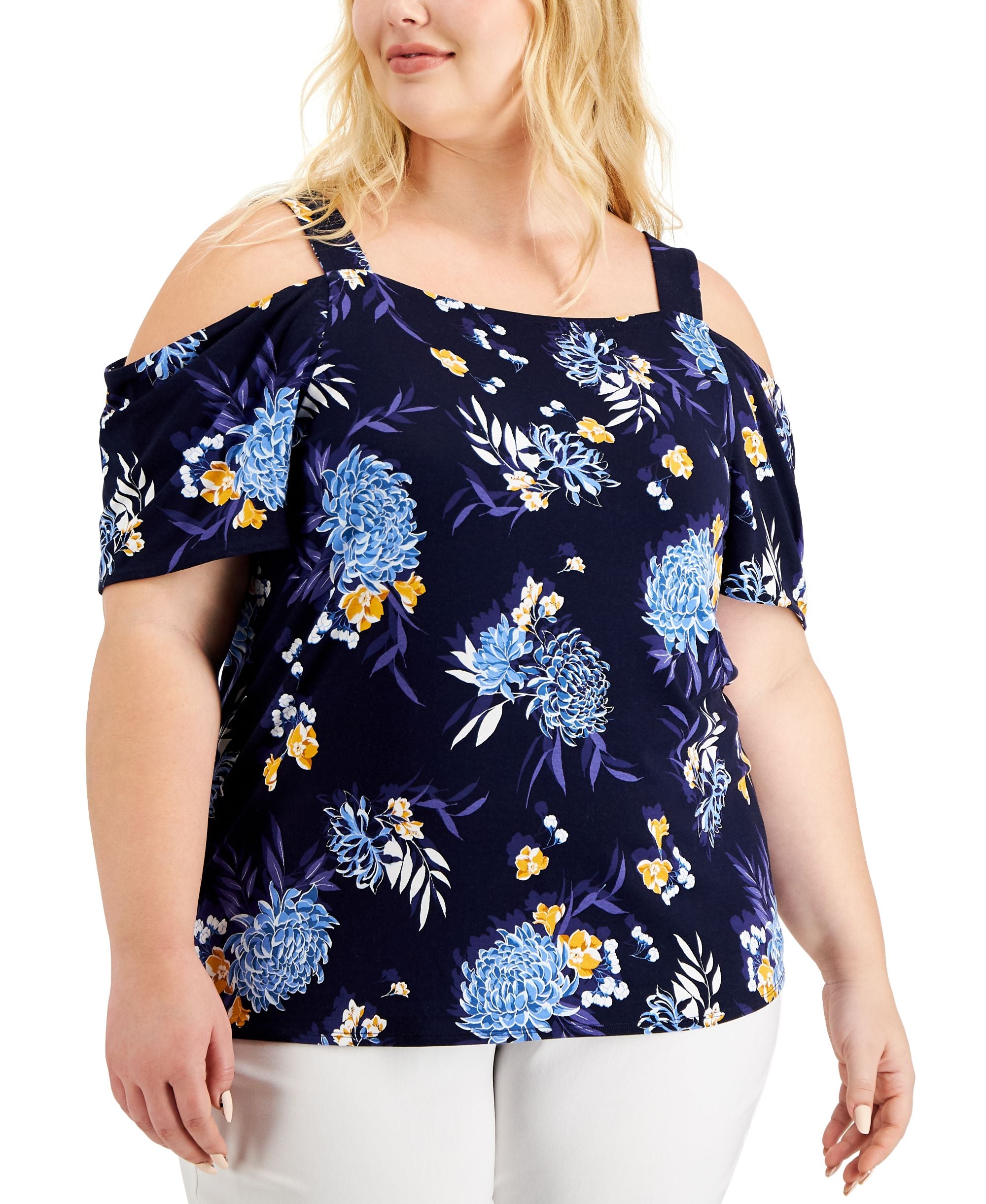 JM Collection Plus Size Floral Print Cold Shoulder Top