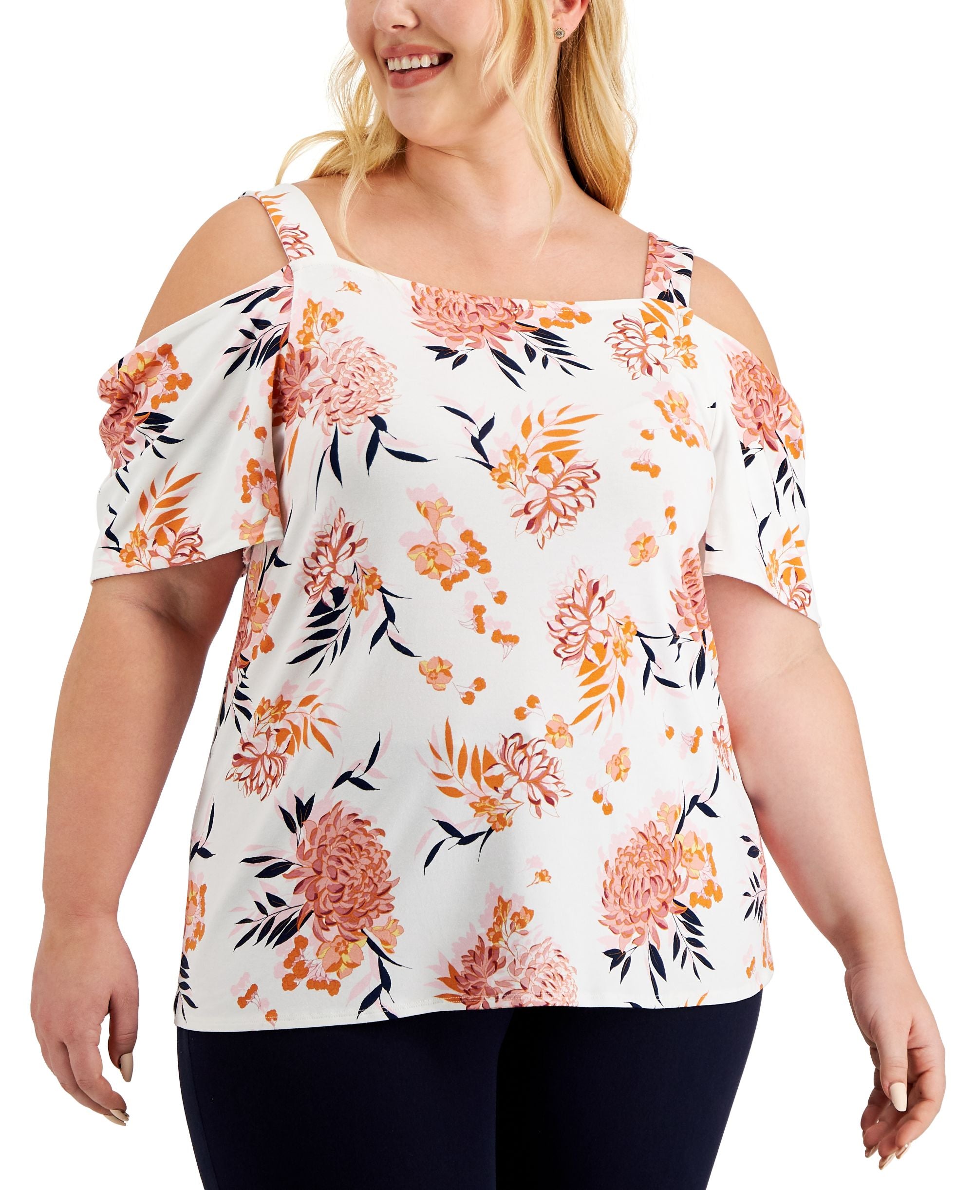 JM Collection Plus Size Floral Print Cold Shoulder Top