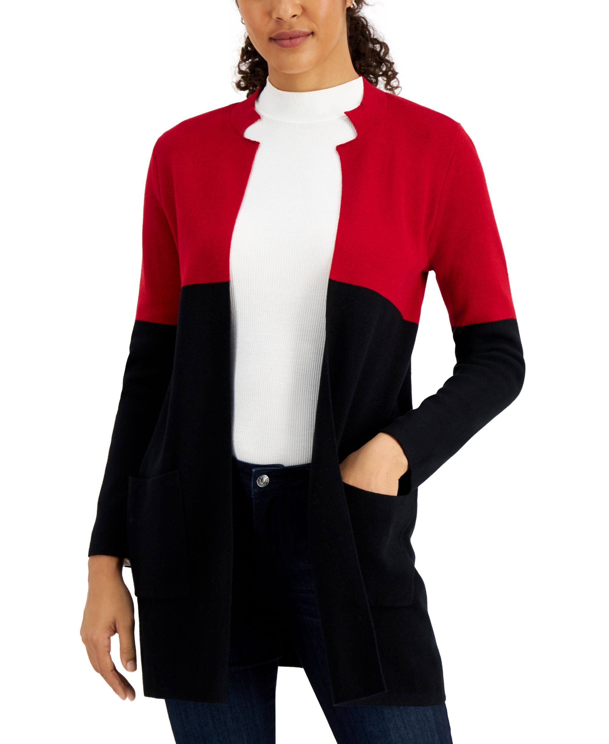 Kasper Womens Color Blocked Longer Length Cardigan