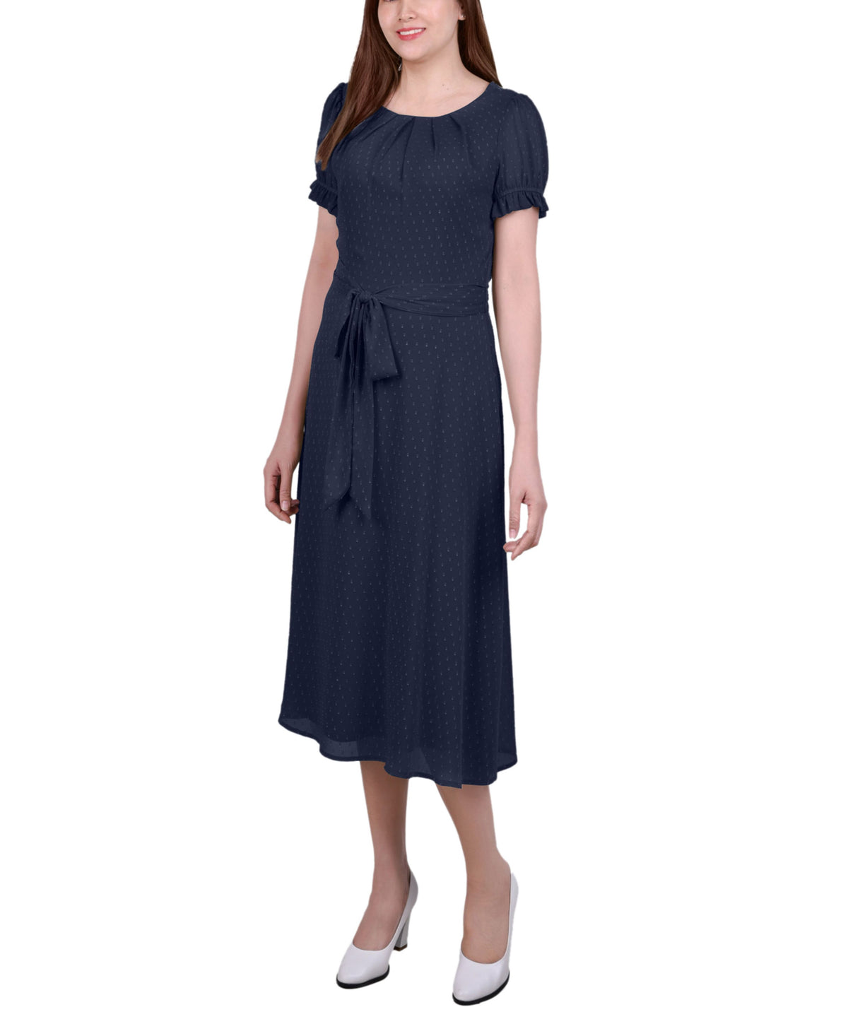 Petite Short Sleeve Belted Swiss Dot Dress