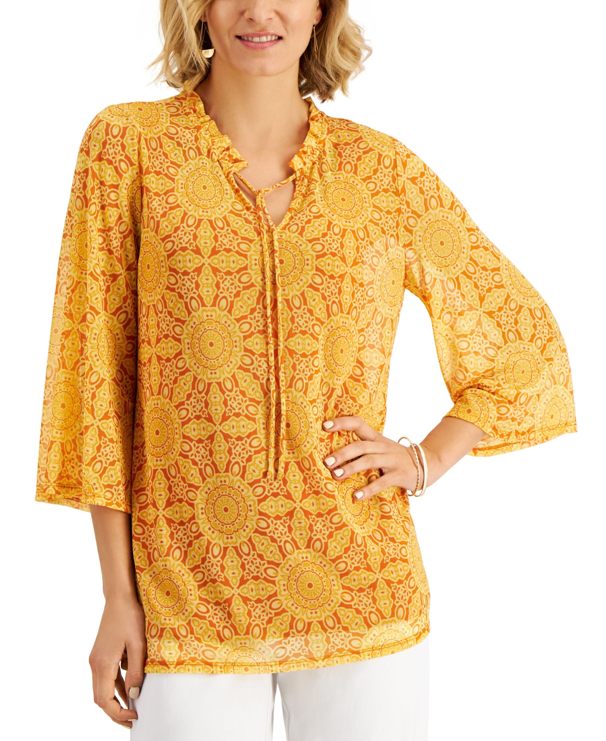 JM Collection Printed Bell Sleeve Top