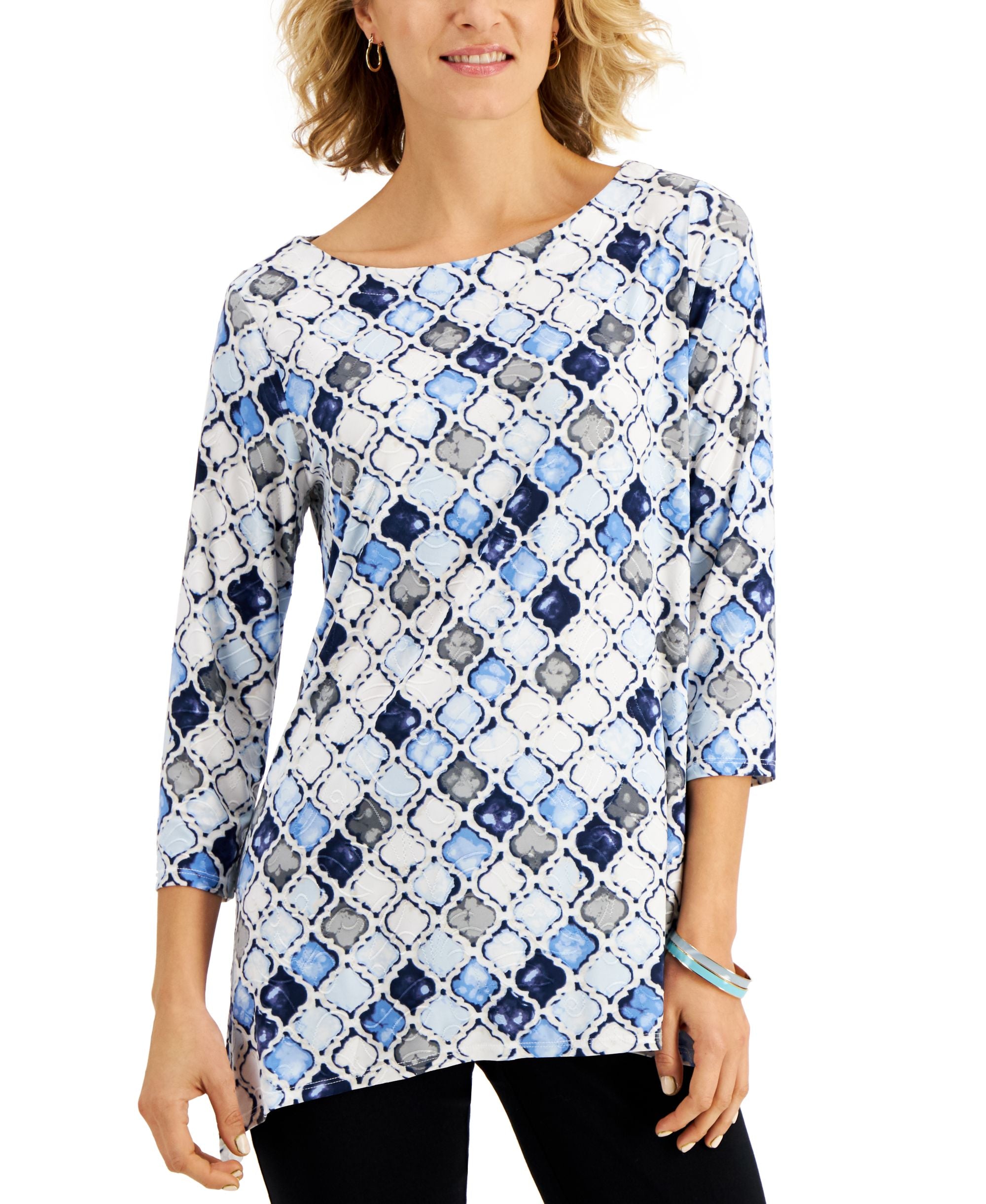 JM Collection Printed Jacquard Asymmetrical Hem Top