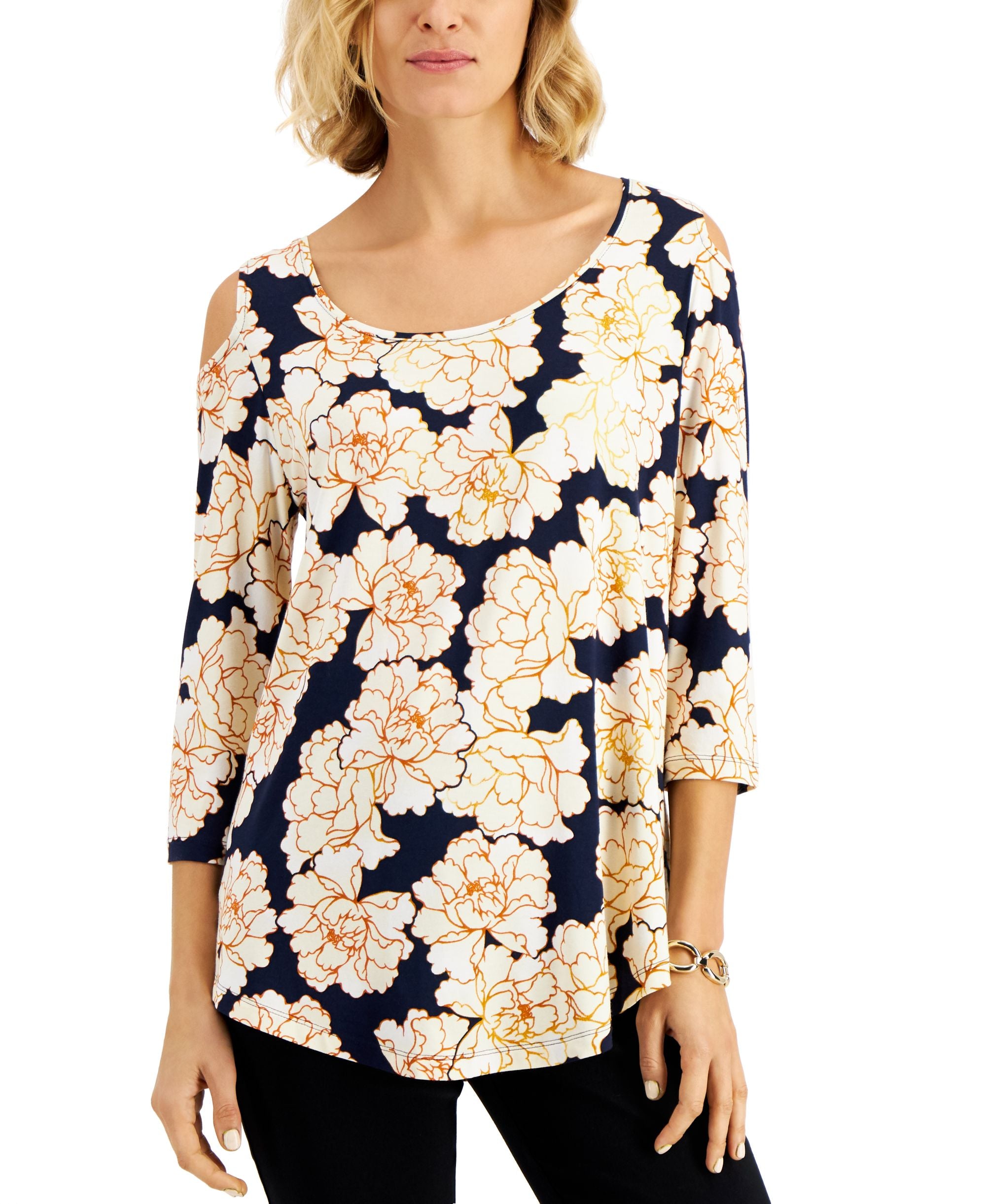 JM Collection Floral Print Cold Shoulder Top