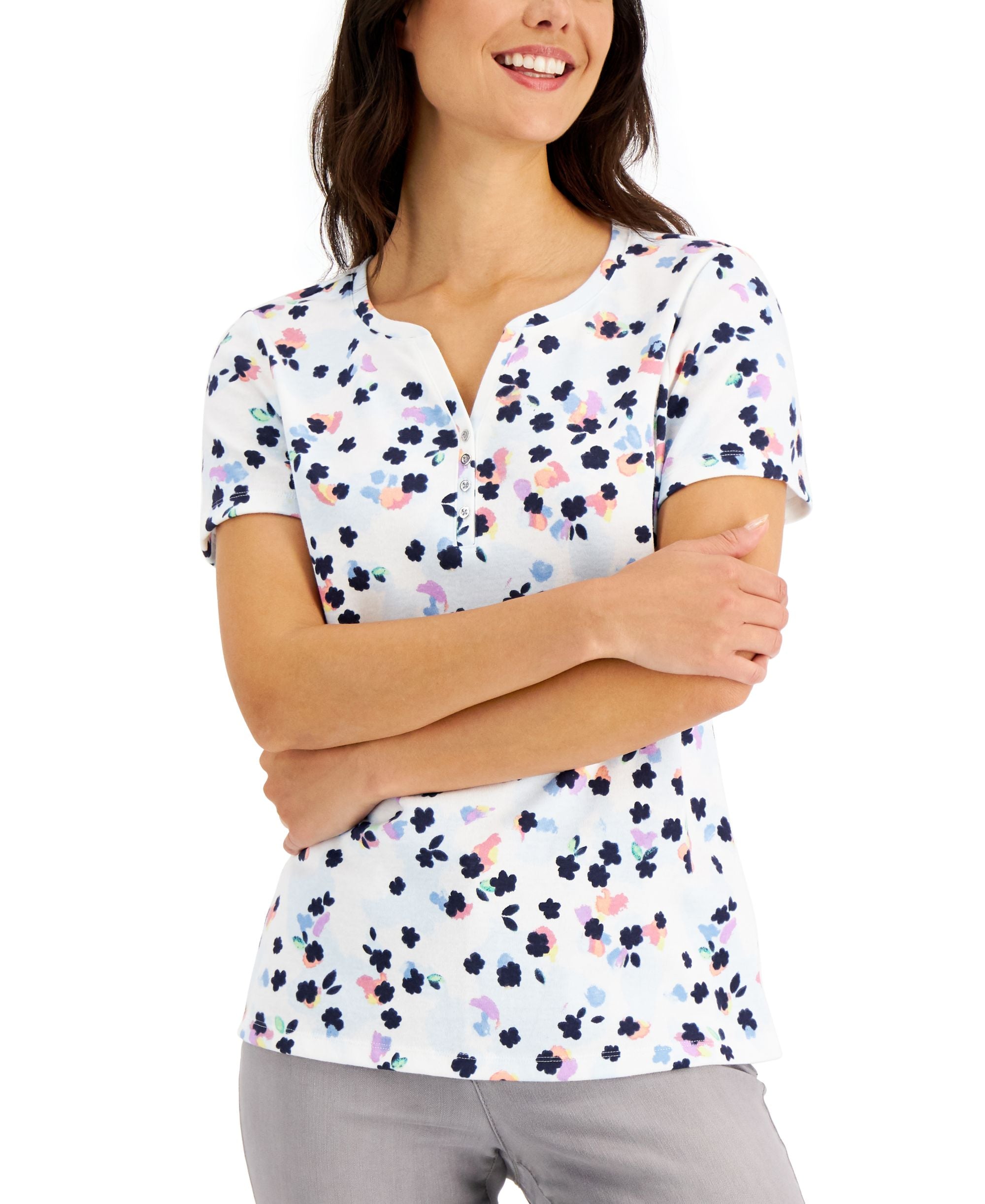 Karen Scott Floral Print Short Sleeve Henley