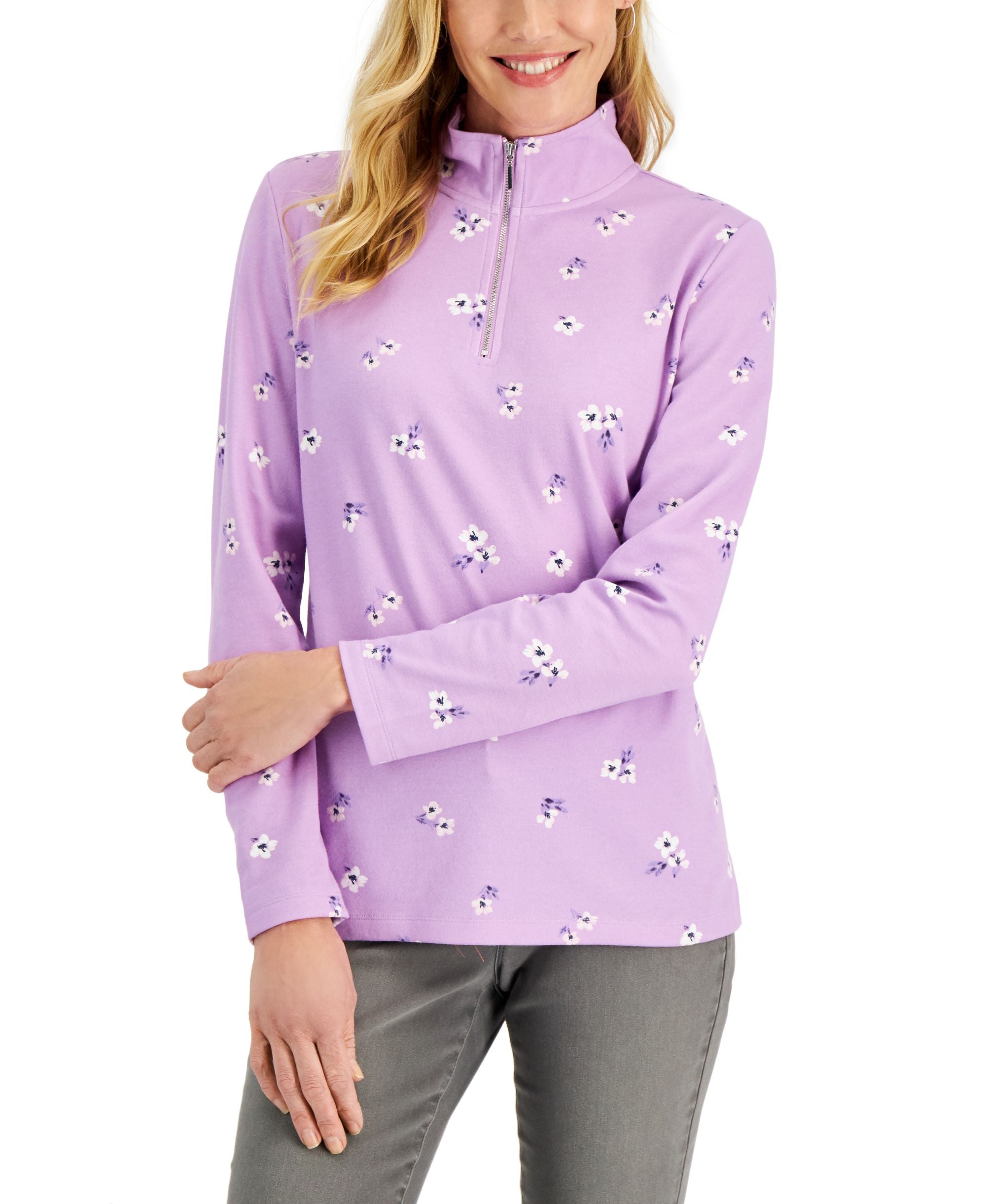 Karen Scott Fleece 1/4 Zip Cotton Blend Floral Long Sleeve Collared Pullover