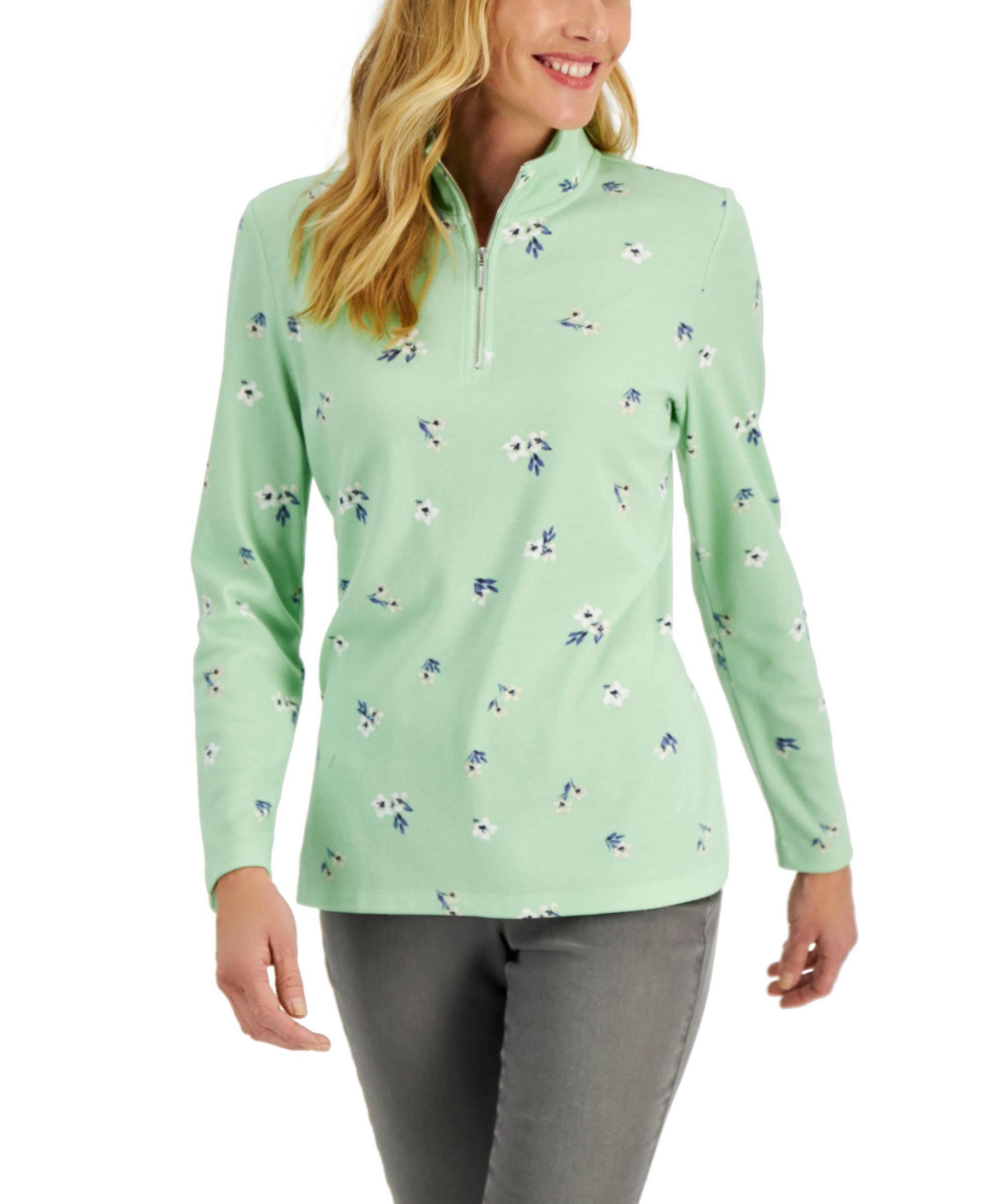 Karen Scott Fleece 1/4 Zip Cotton Blend Floral Long Sleeve Collared Pullover
