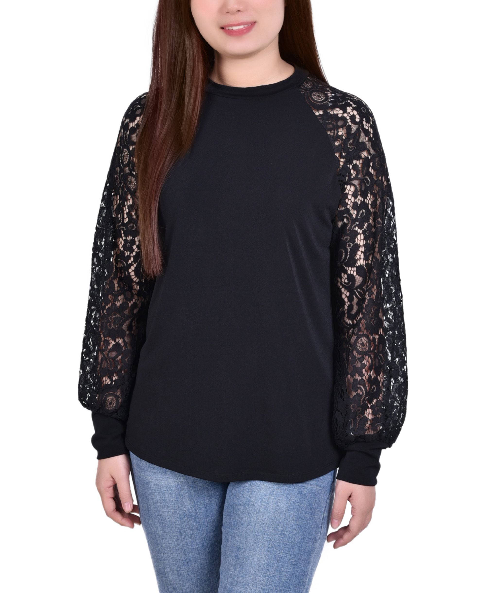 Petite Knit Crepe With Long Lace Balloon Sleeves Top