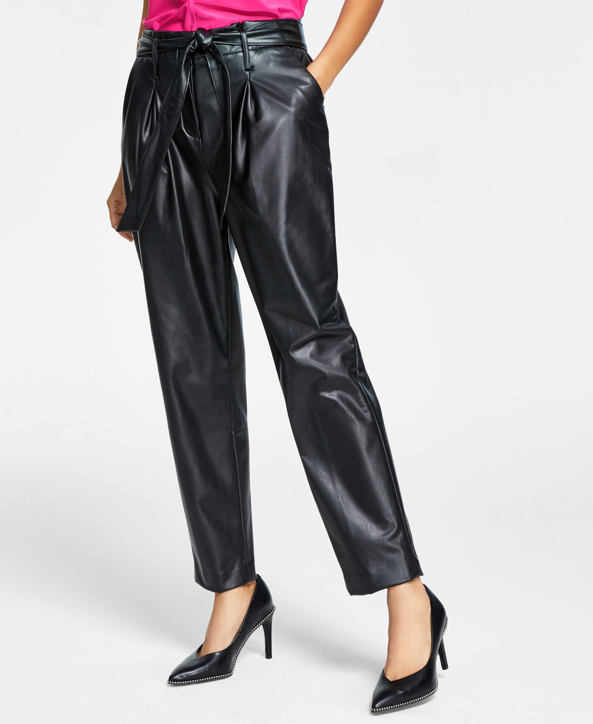 Bar III Faux Leather Paperbag Waist Pants