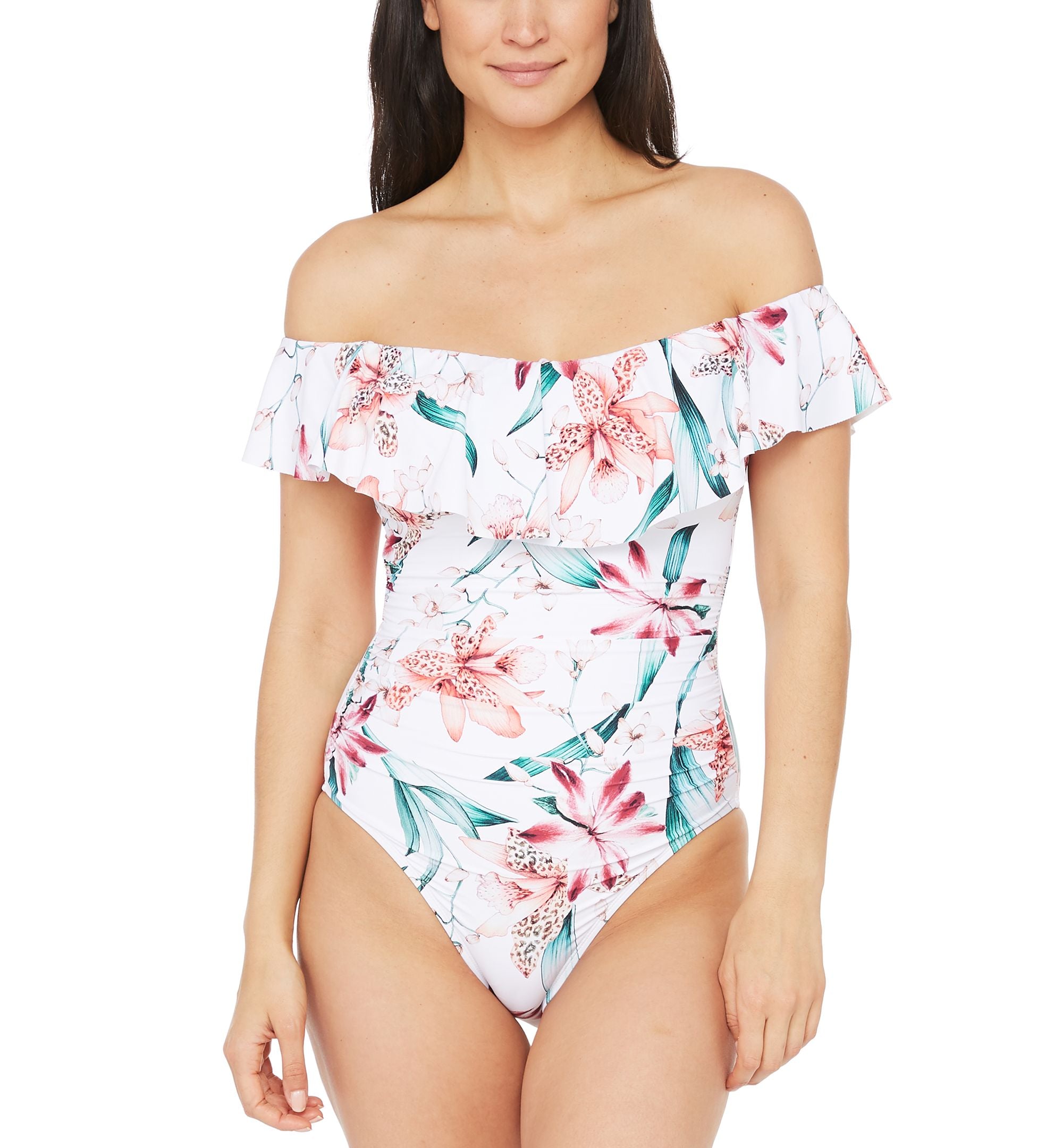 Flyaway Orchid Printed Ruffle Off-the-Shoulder One-Piece Swimsuit