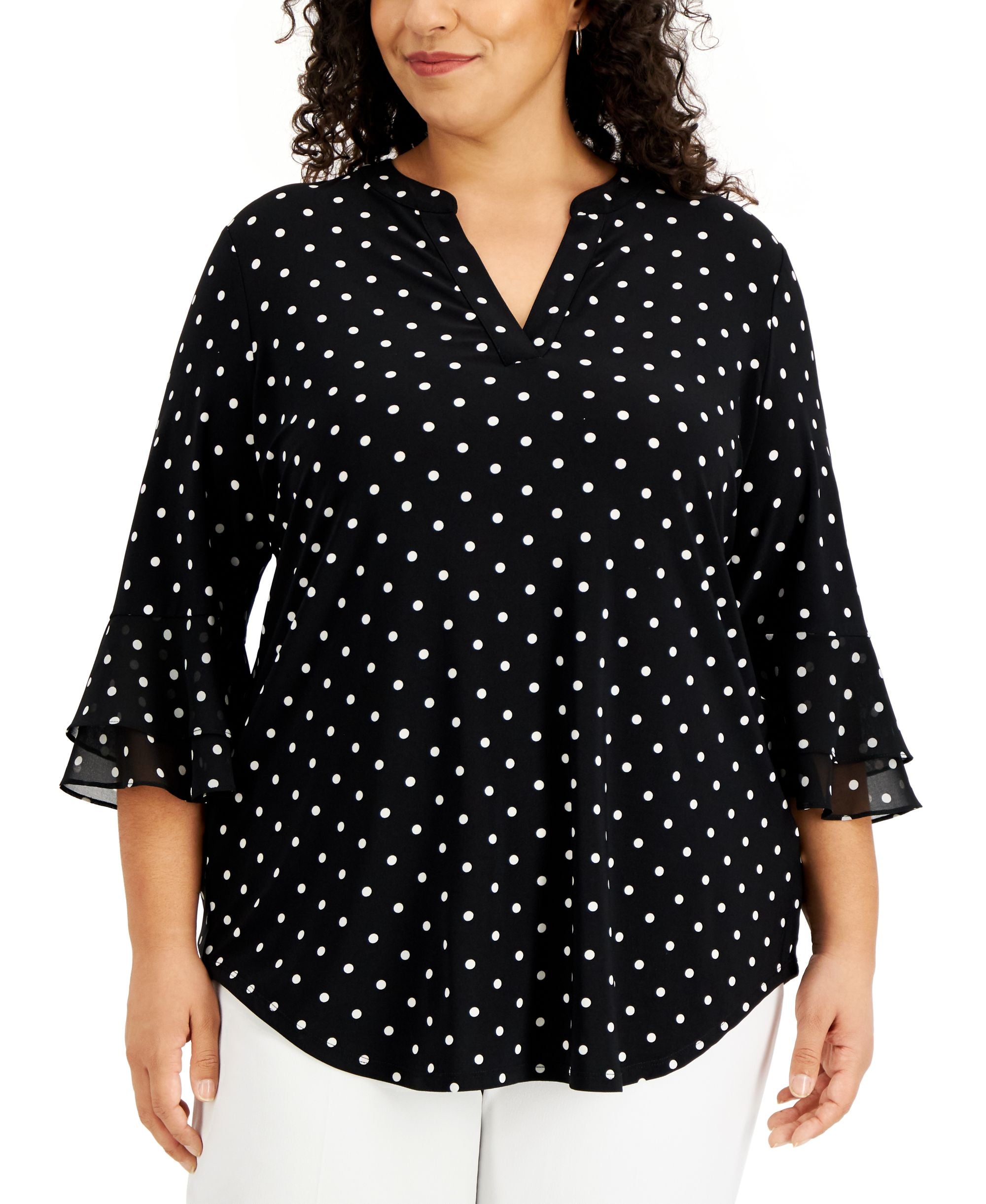 Kasper Plus Size Printed Split Neck Top