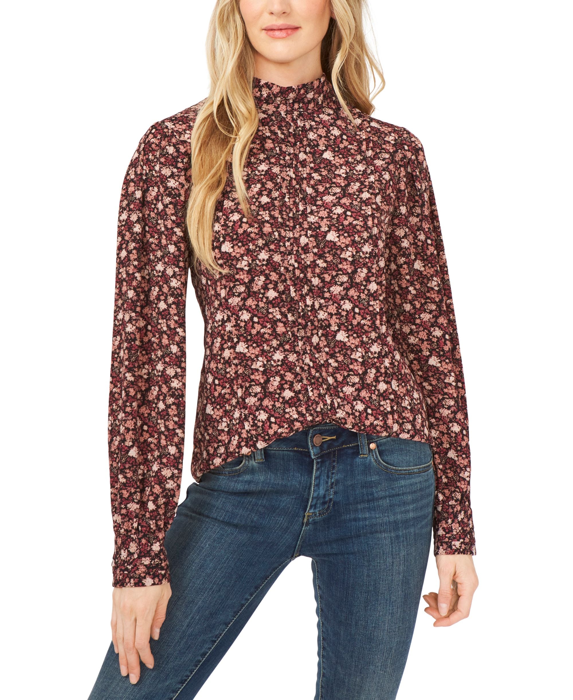 Cece Tie Neck Pleated Floral Print Top
