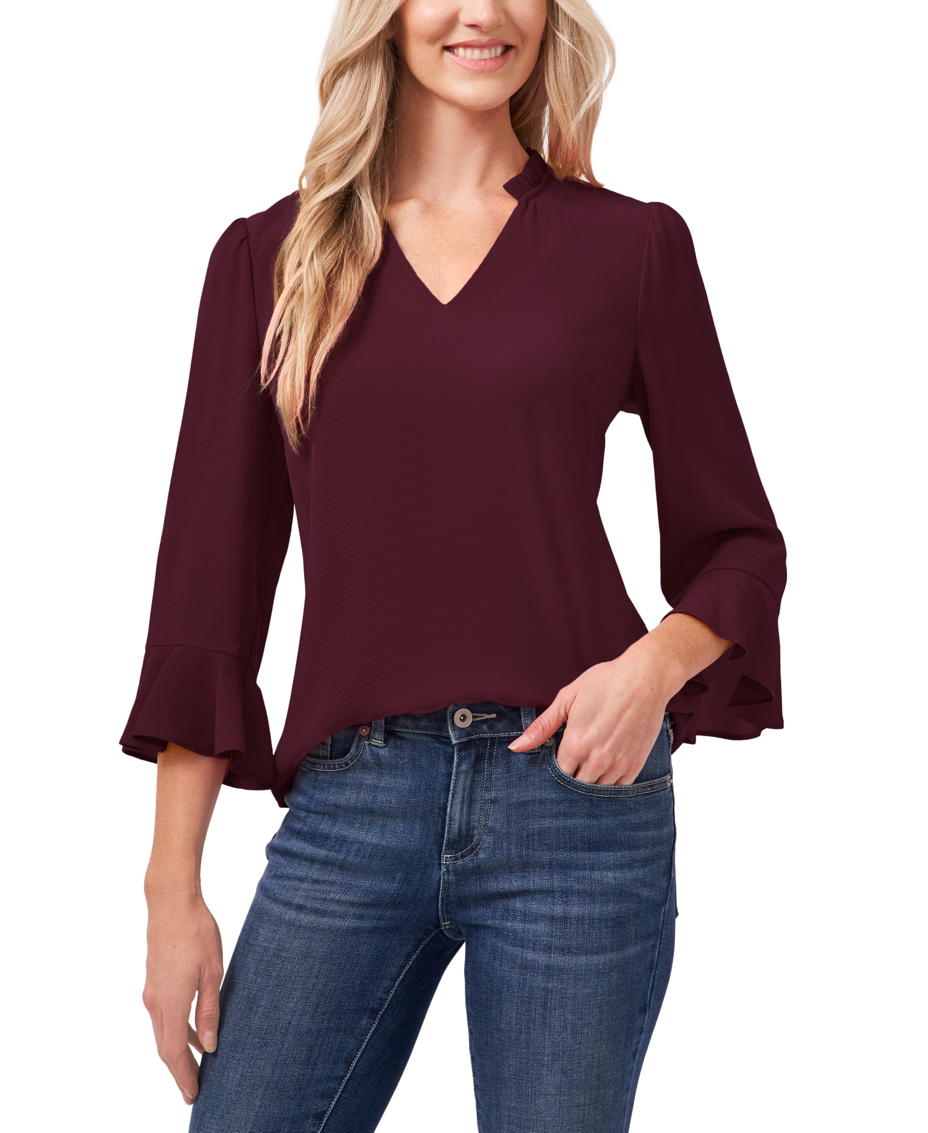 Women's 3/4 Sleeve Ruffle-Sleeve V-Neck Blouse