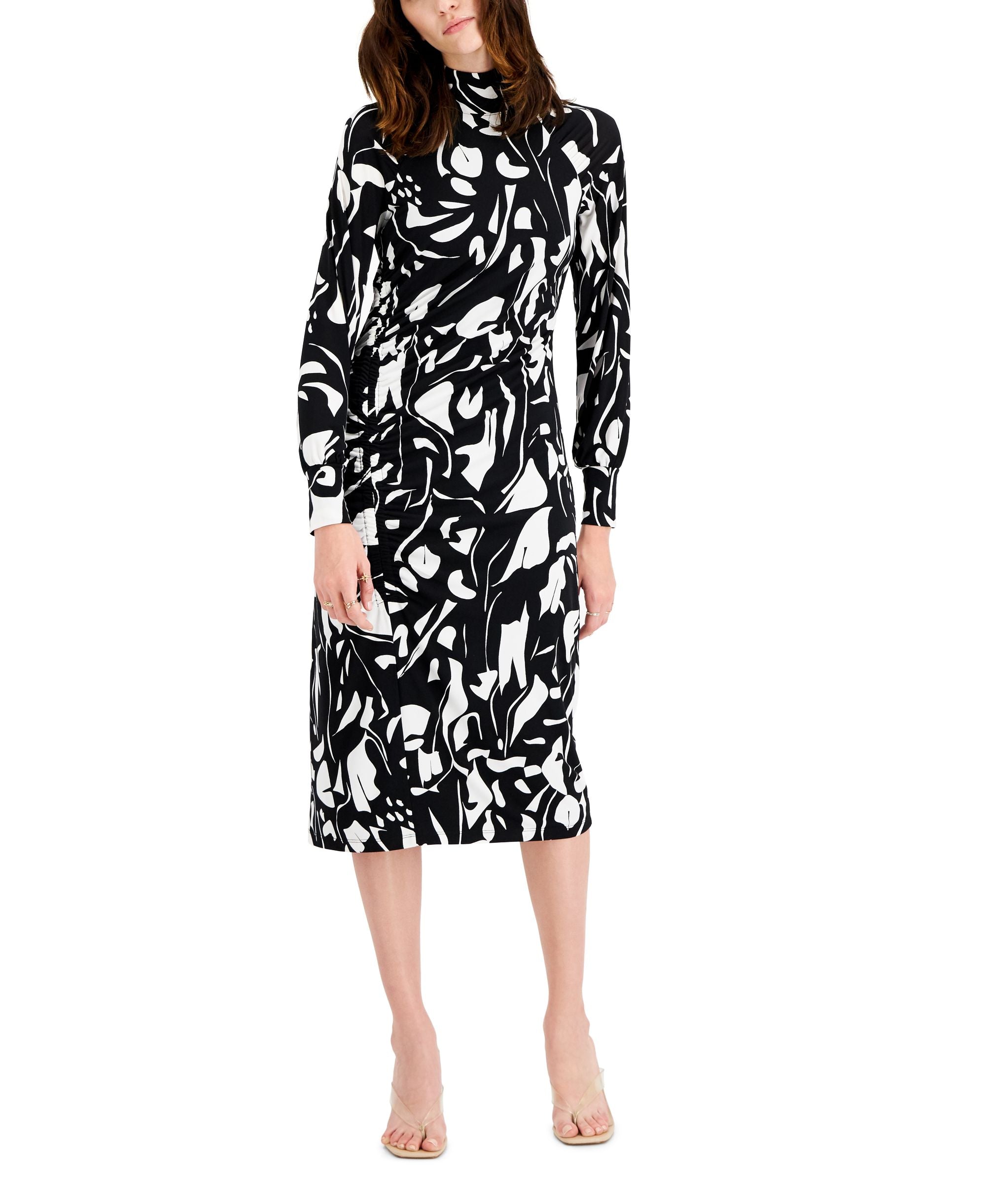INC International Concepts Printed Asymmetrical Ruched Midi Dress