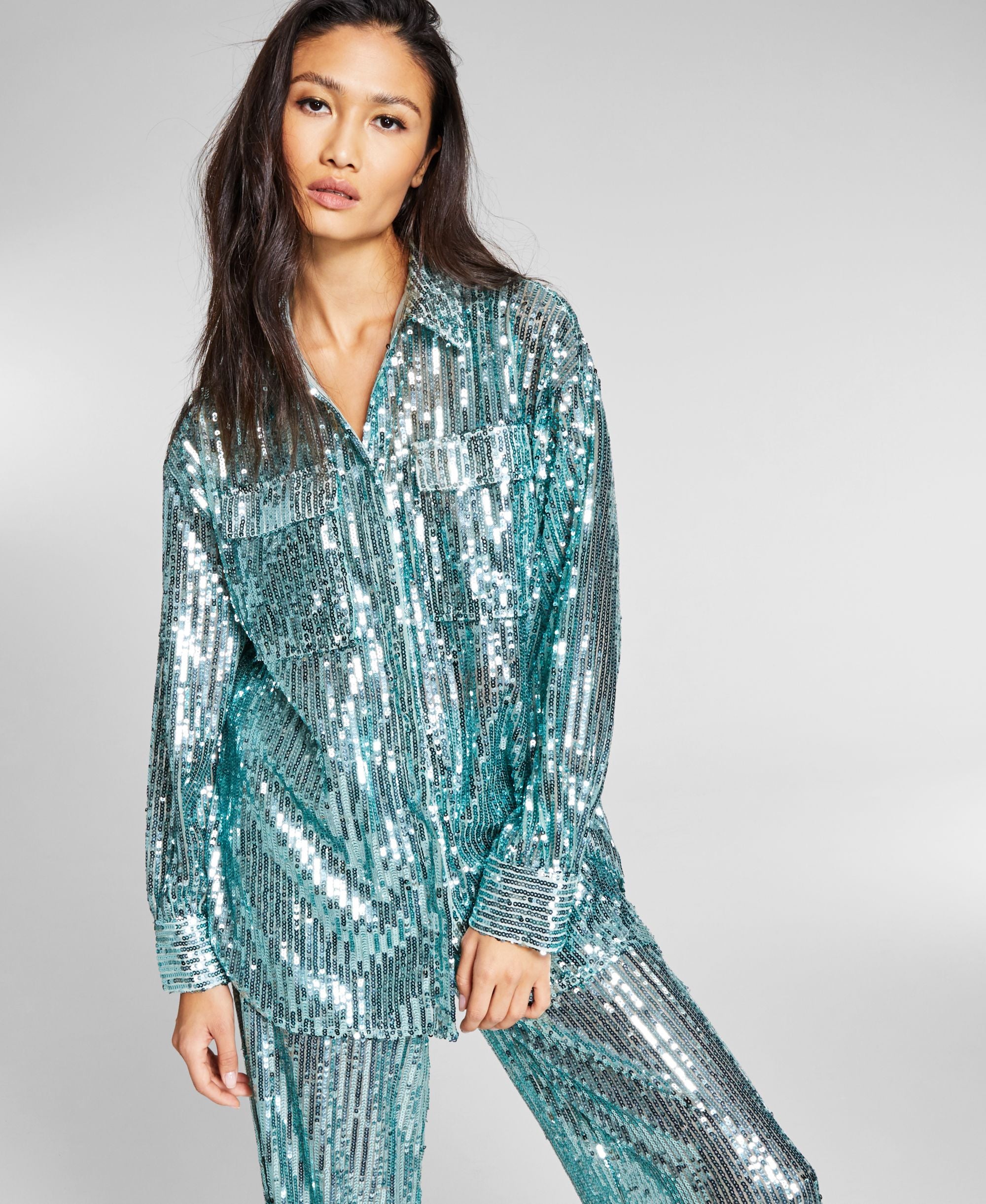 Jeannie Mai X Inc Sheer Sequin Oversized Shirt