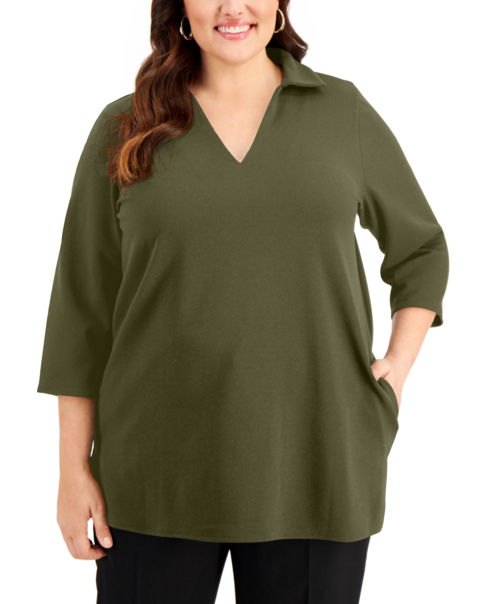 Alfani Plus Size 3/4 Sleeve Collared Tunic Top