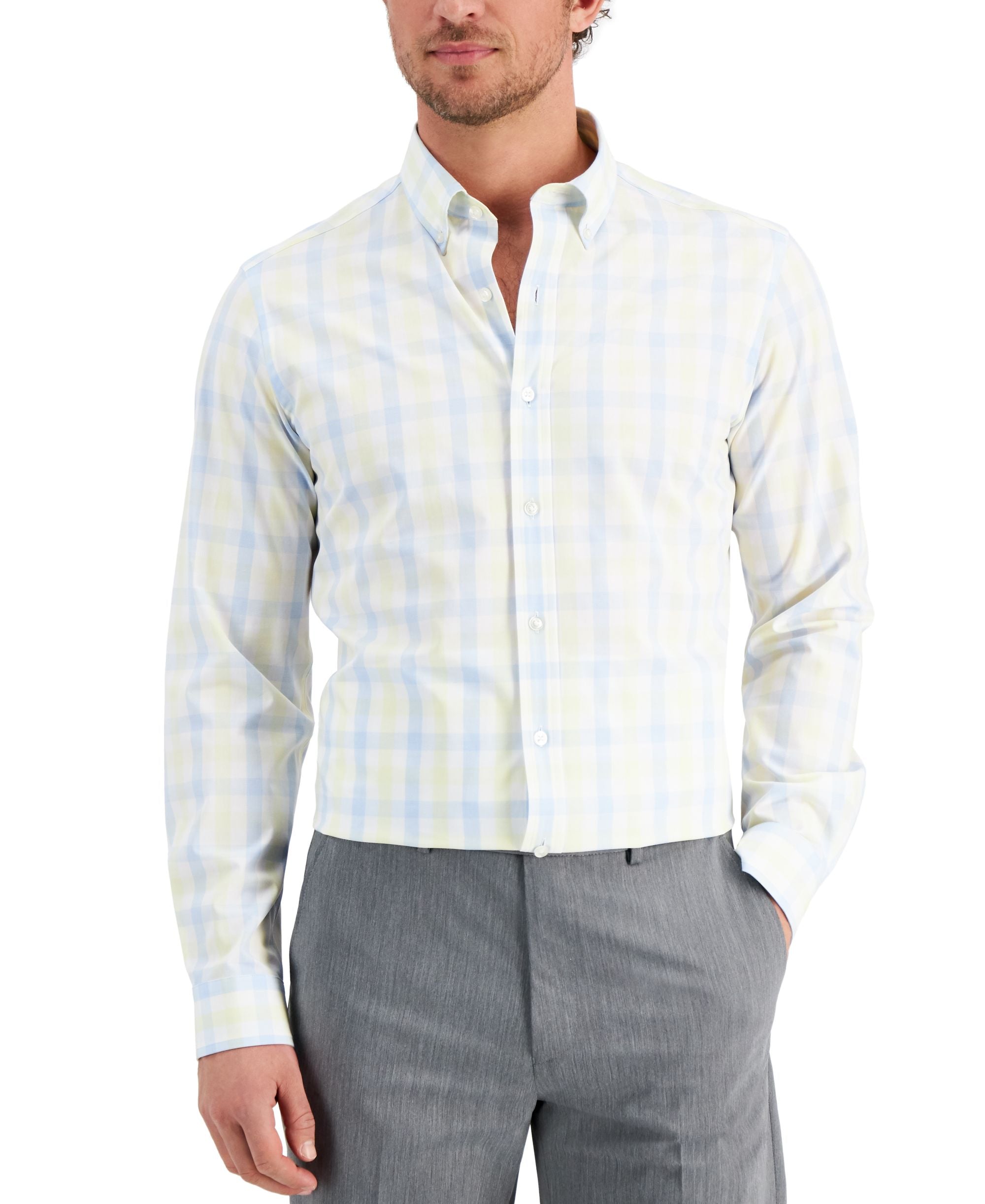 Club Room Mens Slim Fit 4 Way Stretch Gingham Dress Shirt