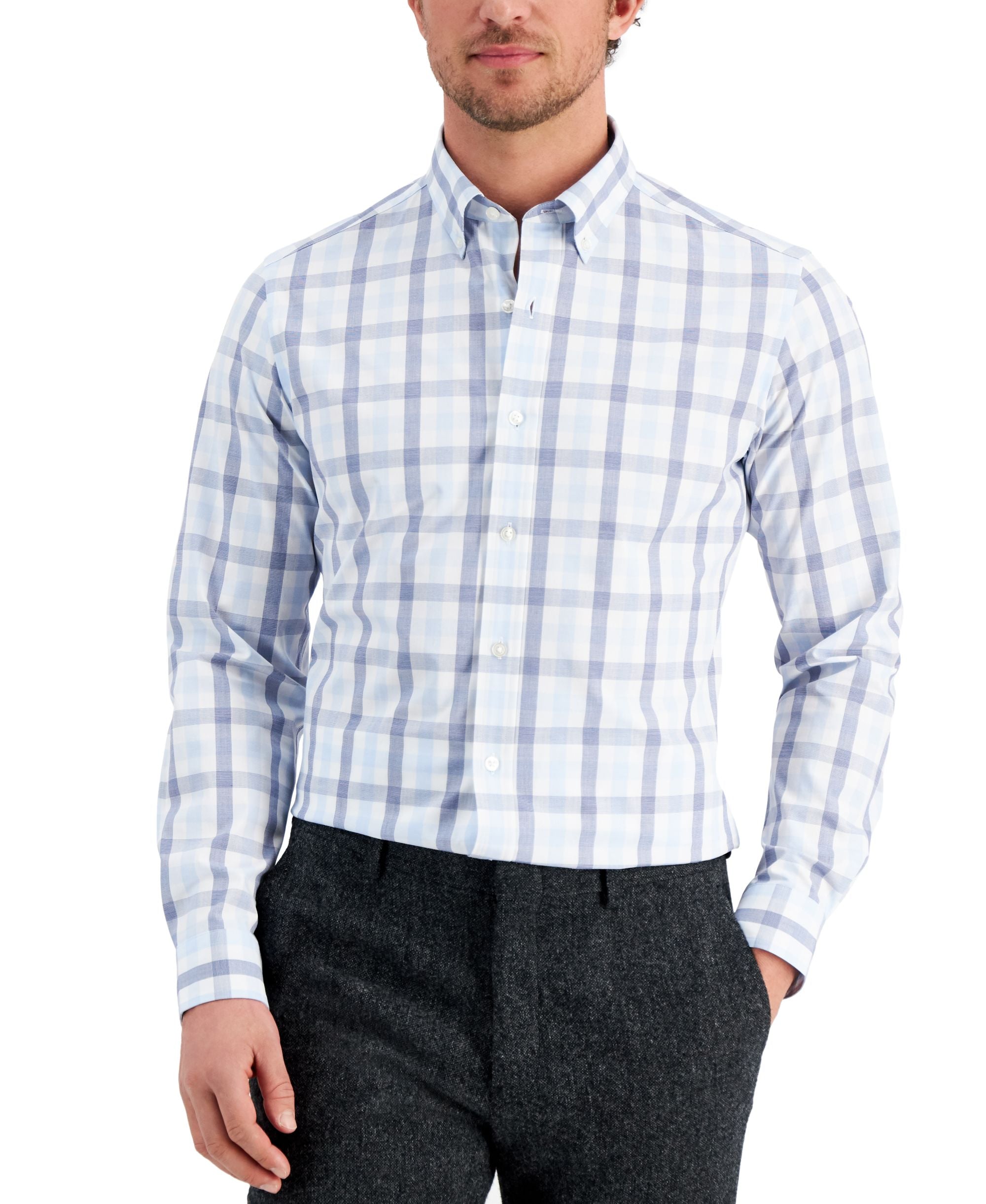 Club Room Mens Slim Fit 4 Way Stretch Gingham Dress Shirt