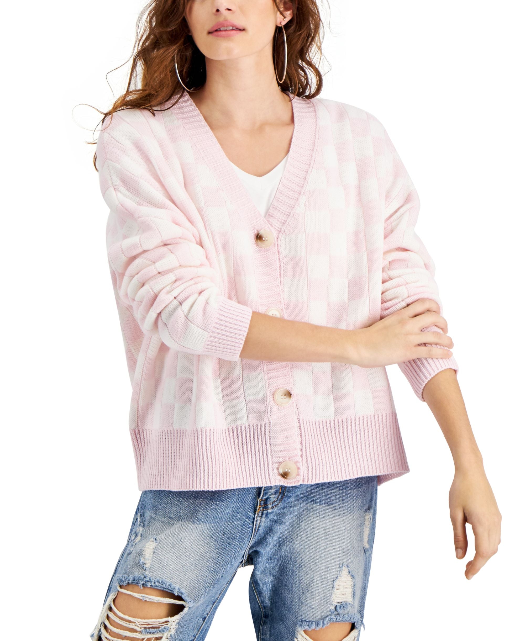 Juniors' Checkered-Print Cardigan Sweater