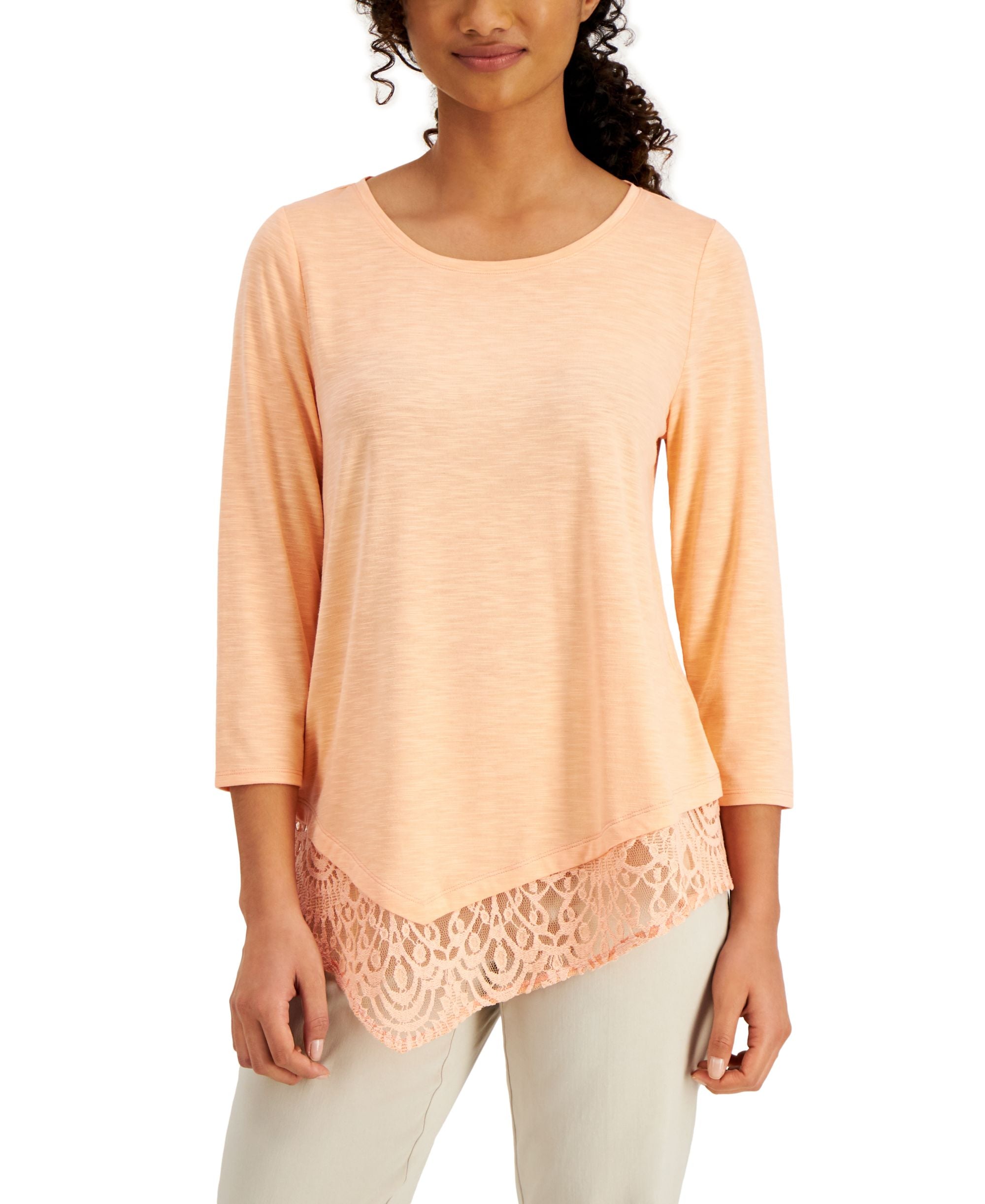 JM Collection Solid Asymmetrical Lace Top