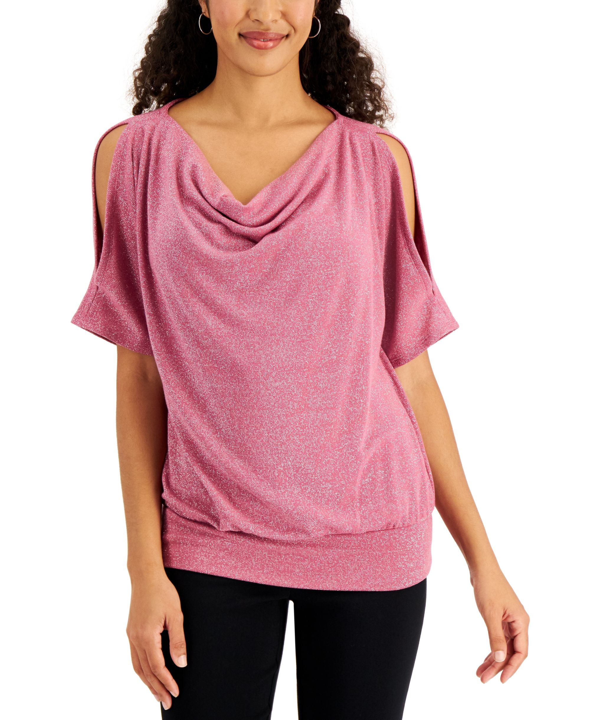 JM Collection Cold Shoulder Metallic Top
