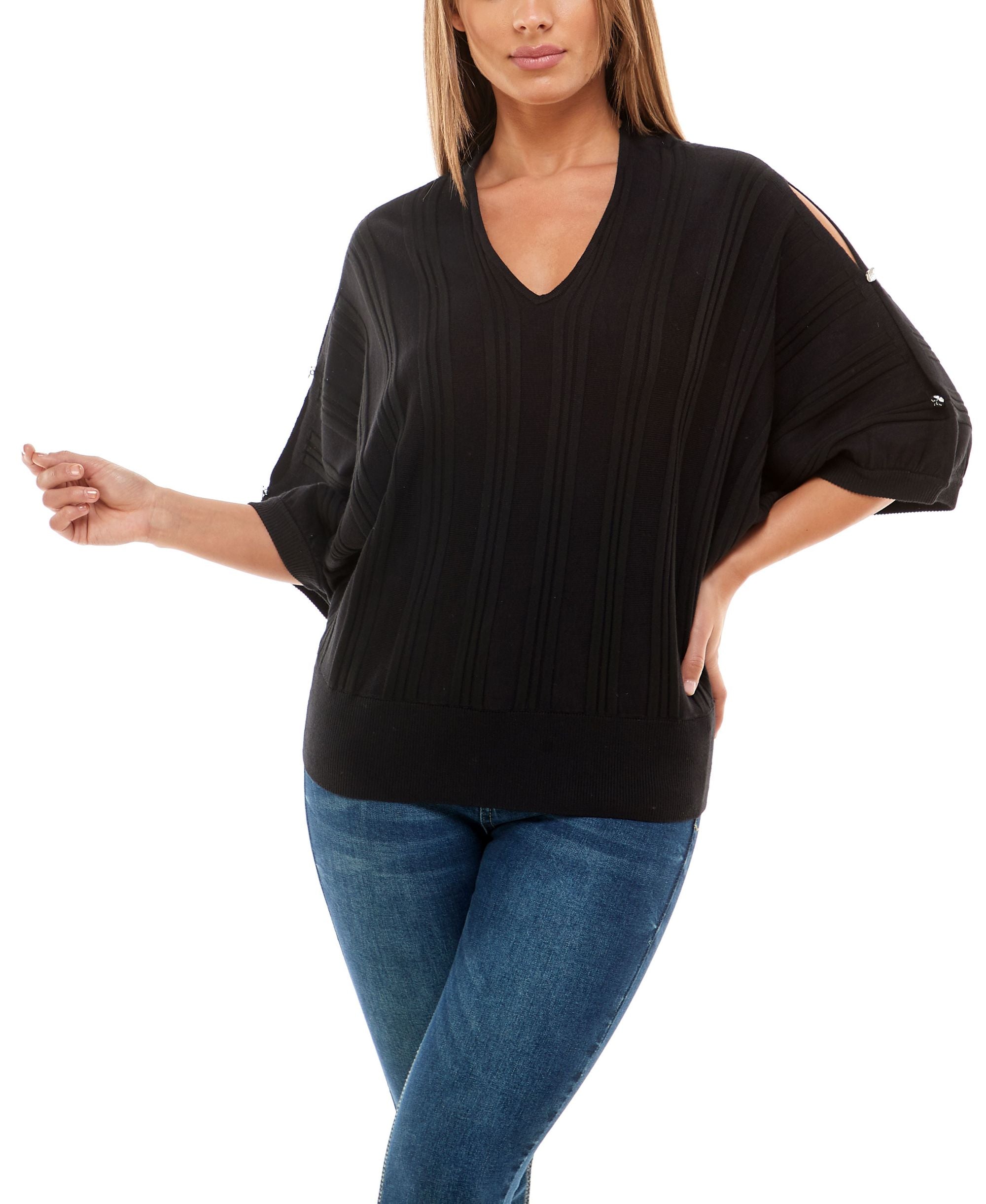 Womens V Neck Dolman Sleeve Ribbed Sweater
