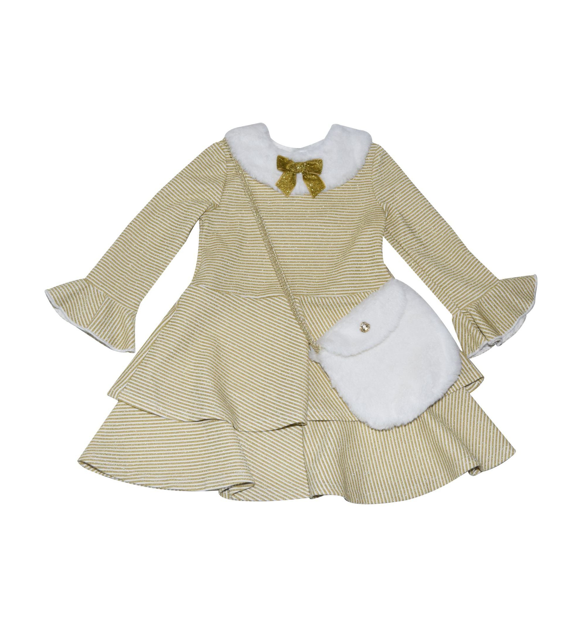 Little Girls Trimmed Lurex Stripe Dress With Attached Purse Set 2 Piece