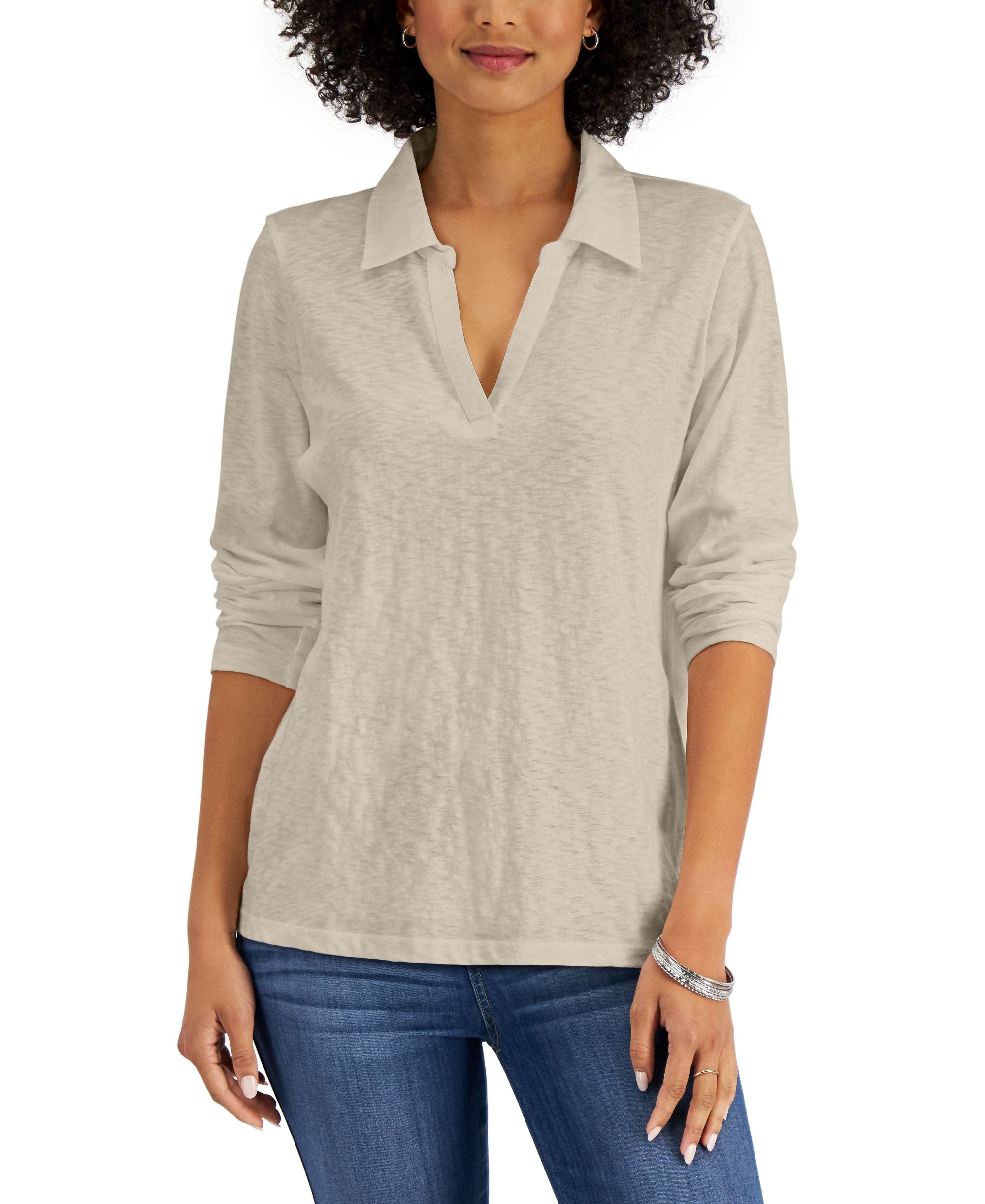 Karen Scott Petite Long Sleeve Polo Top