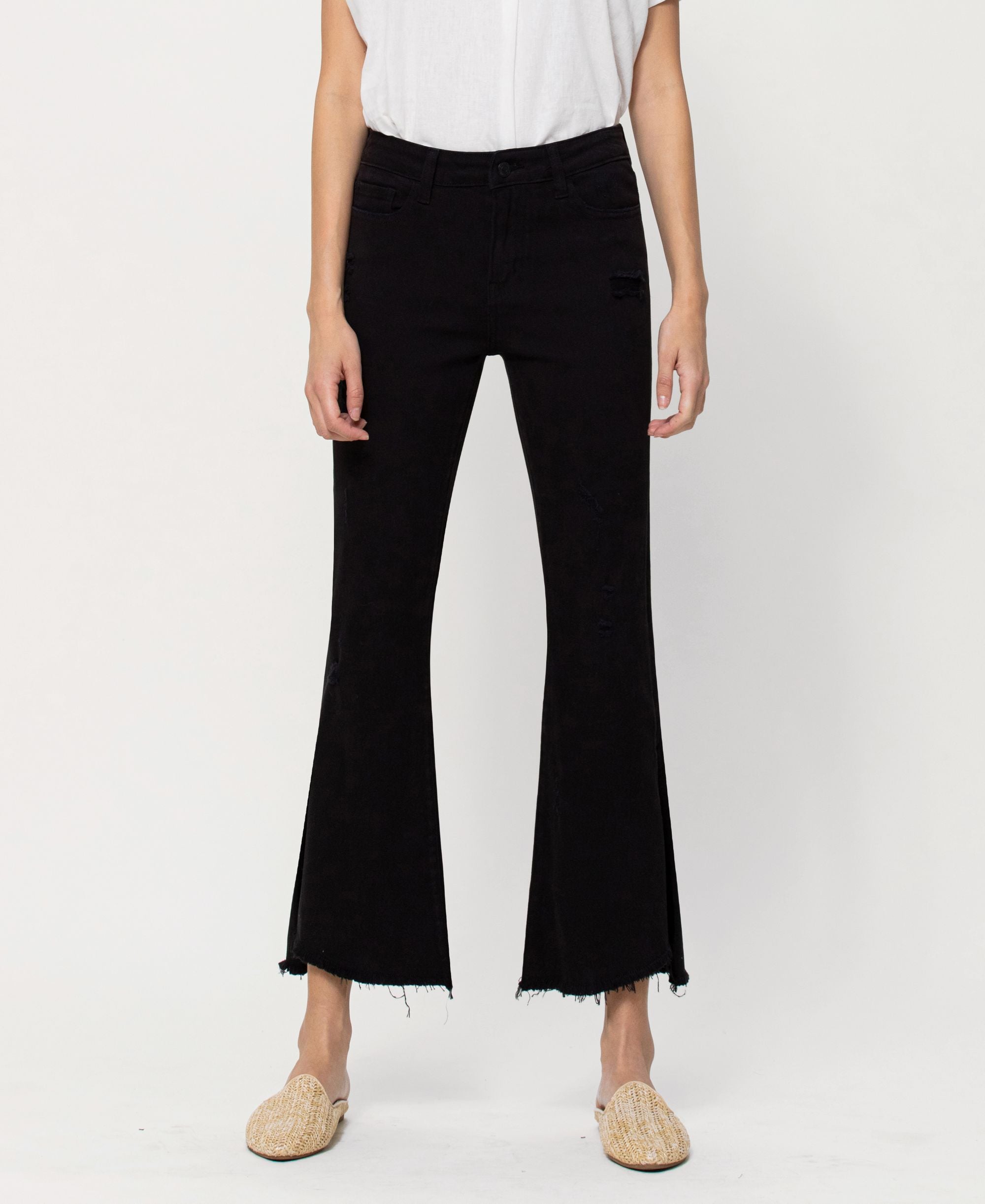 Women's Mid Rise Crop Kick Flare Jeans with Side Slit