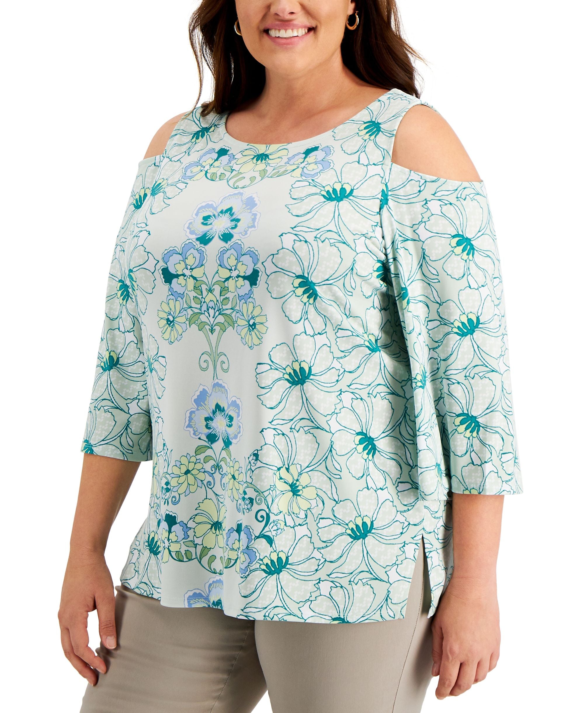 JM Collection Plus Size Cold Shoulder Printed Top
