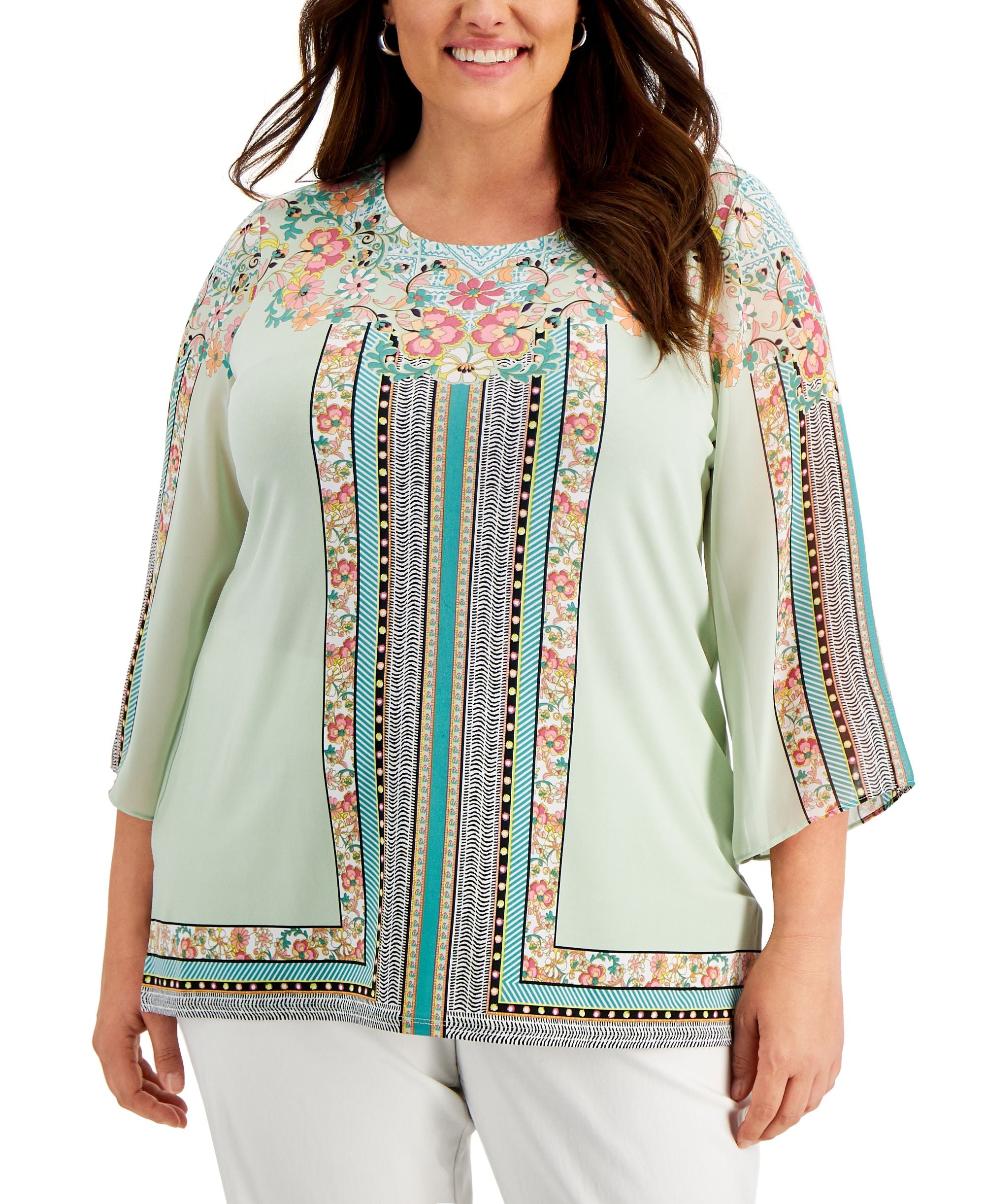 Plus Size Printed Bell Sleeve Top