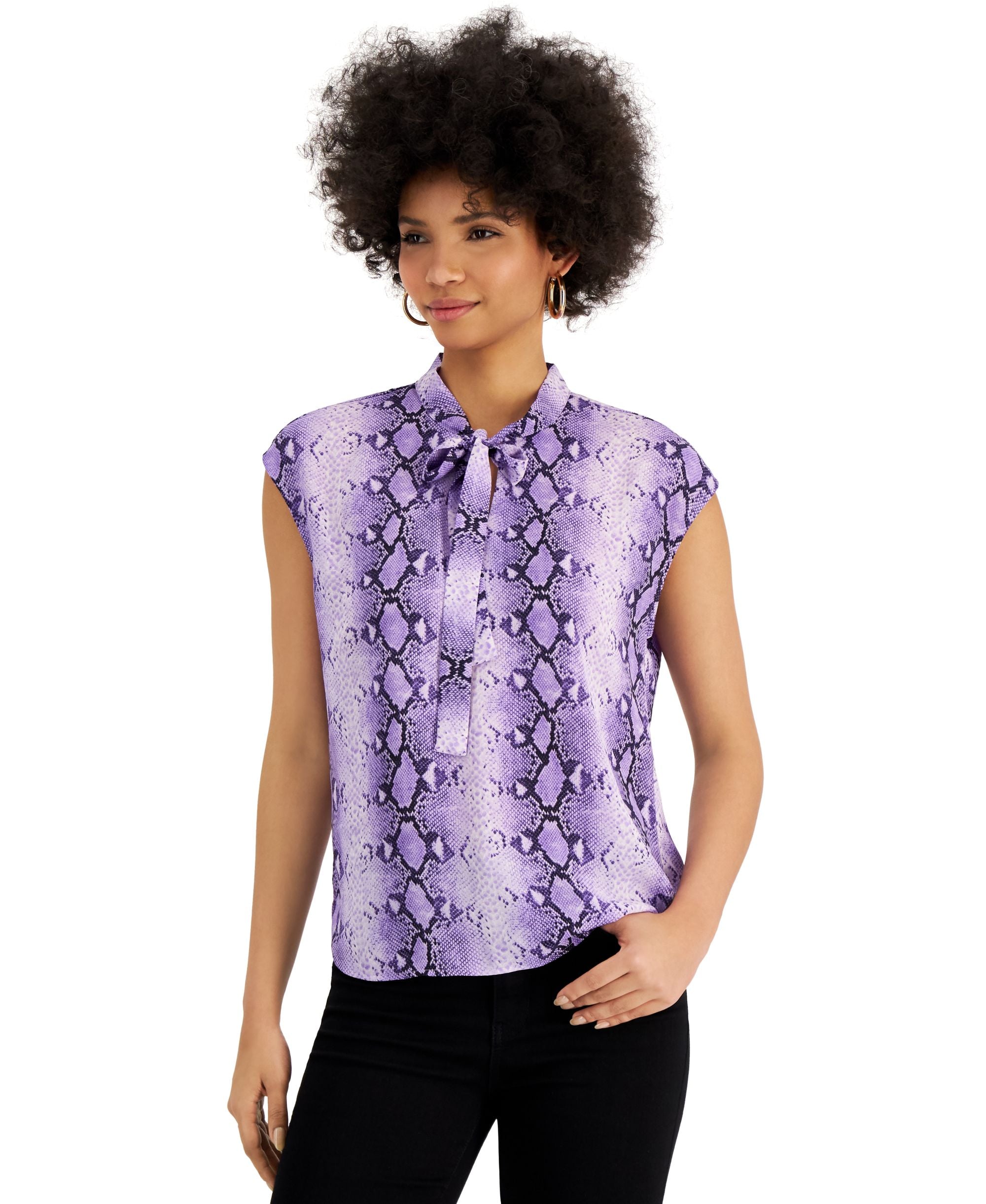Bar III Snake-Print Tie-Neck Blouse