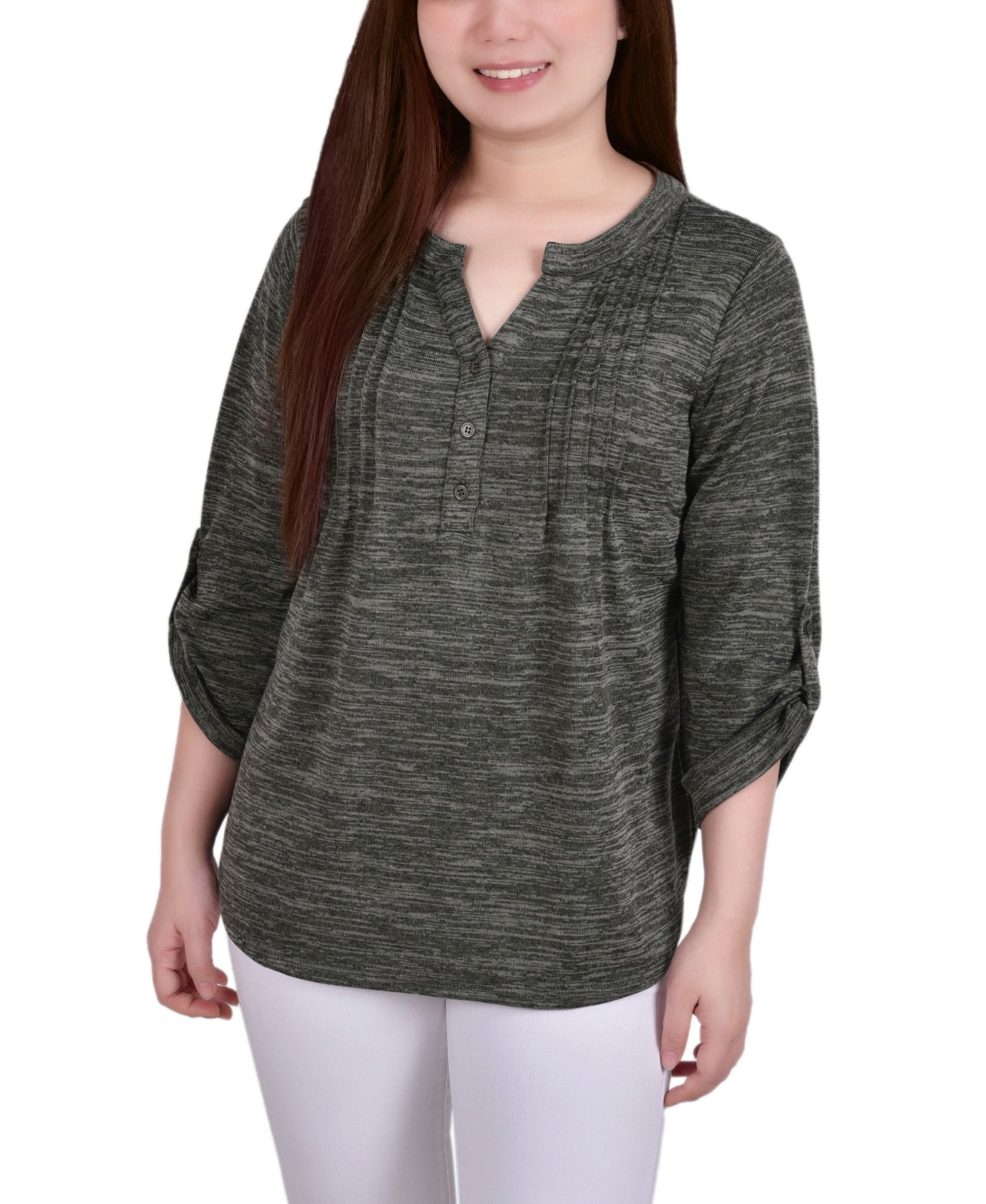 Women's 3/4 Roll Tab Sleeve Y-Neck Top